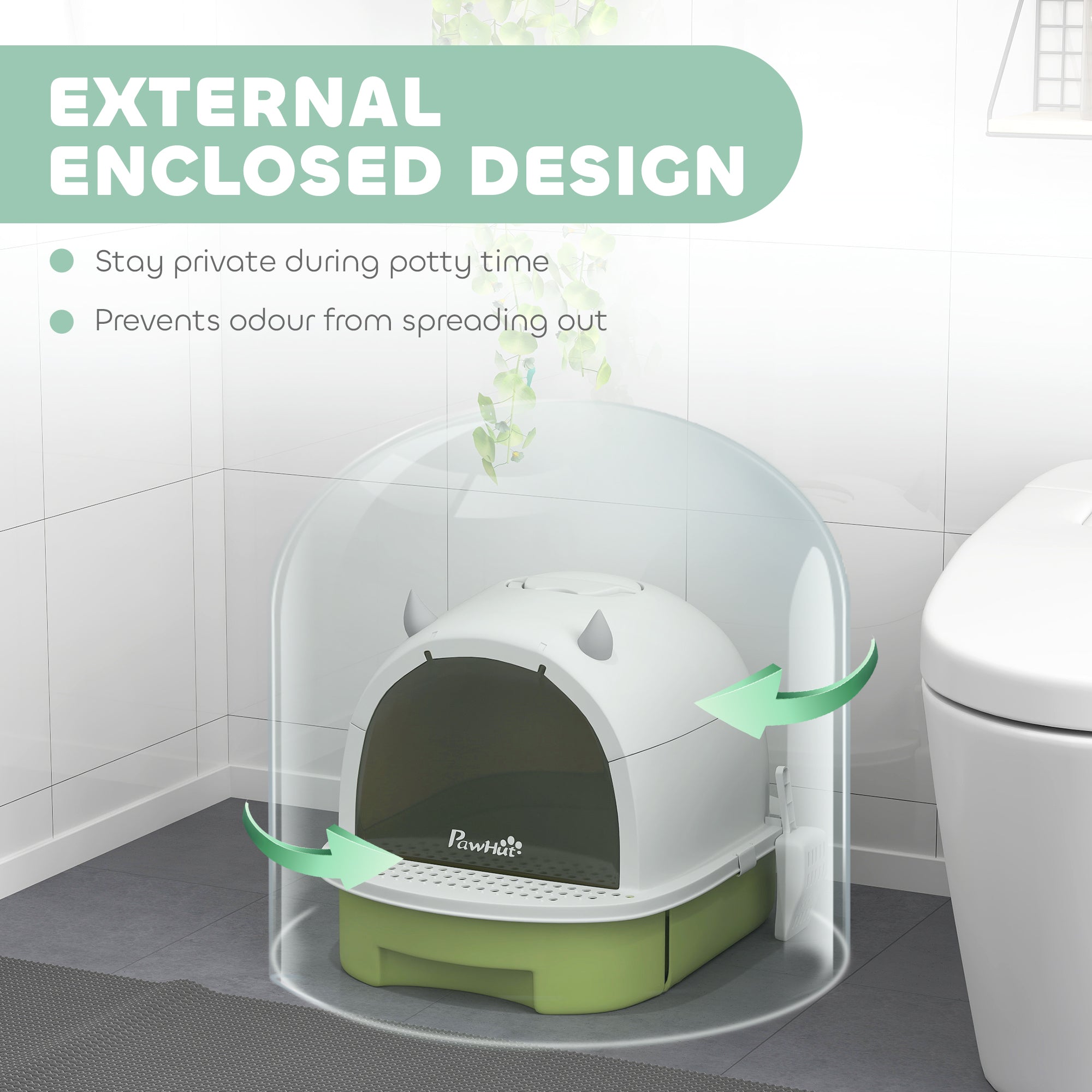 Cat Litter Tray with Lid, Enclosed Cat Litter Box with Pull-Out Drawer, Scoop, Deodorising Bags for Odour Control, Privacy, Portable, Easy to Clean, Green