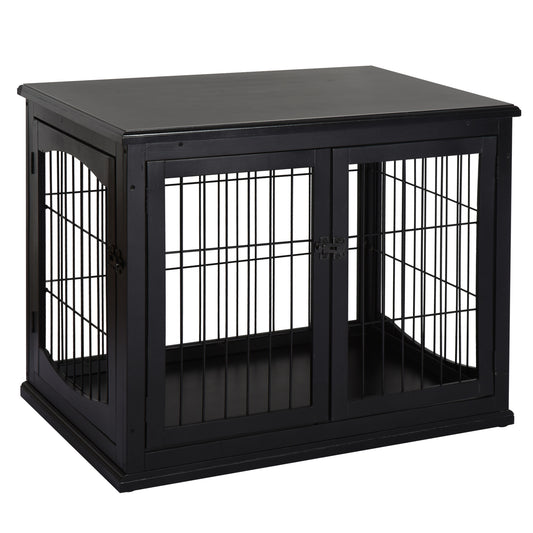 32" Wooden Dog Crate Furniture Dog Cage, Modern Side Table Pet Kennel with Double Lockable Door, 32" L x 23" W x 26" H, Black
