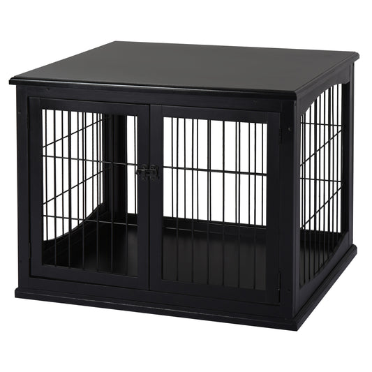 32" Wooden Dog Crate Furniture Dog Cage, Modern Side Table Pet Kennel with Double Lockable Door, 32" L x 23" W x 26" H, Black