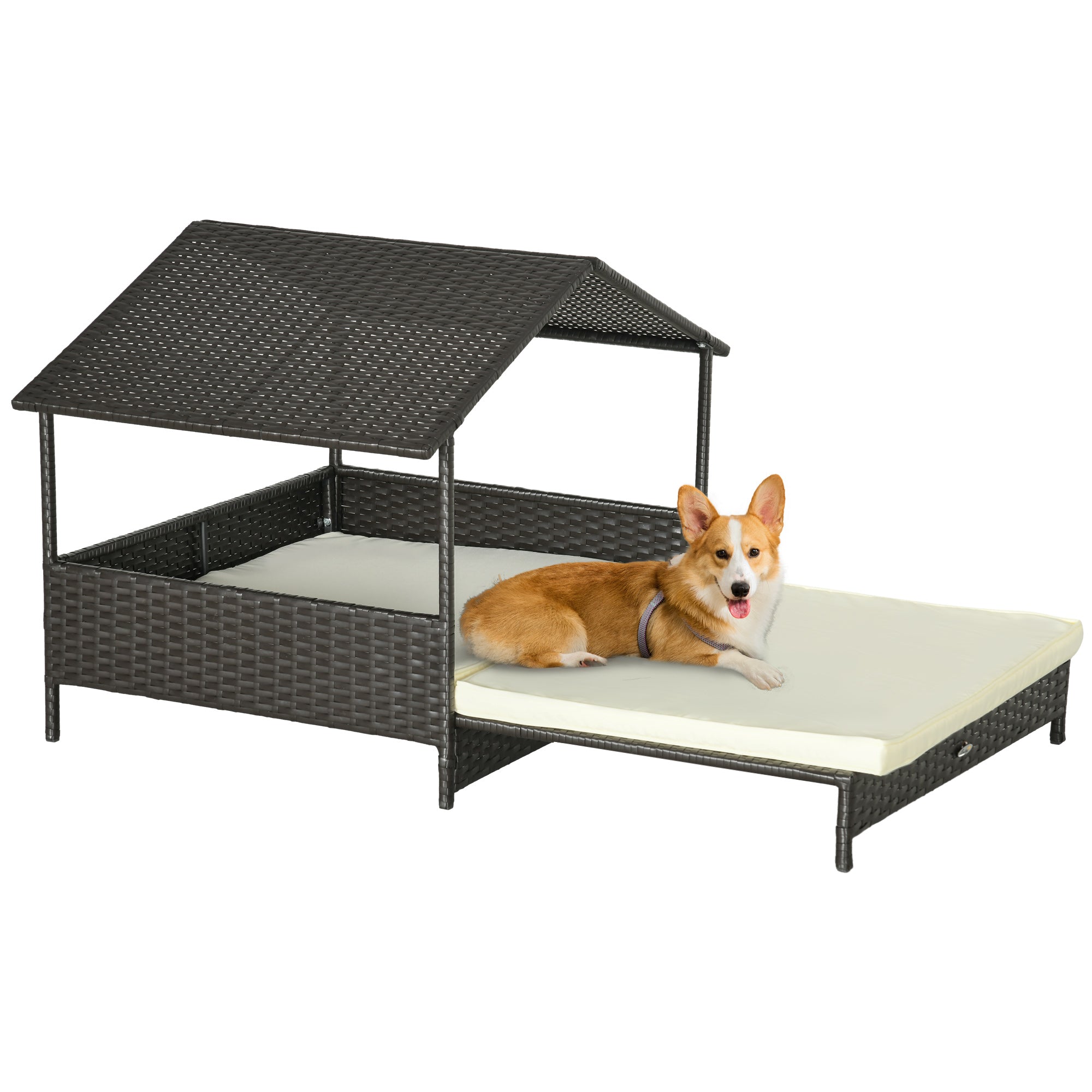 Rattan Dog House, Extendable Outdoor Wicker Dog Bed w/ Water-Resistant Roof, Removable Cushion, for Small and Medium Dogs - Cream White