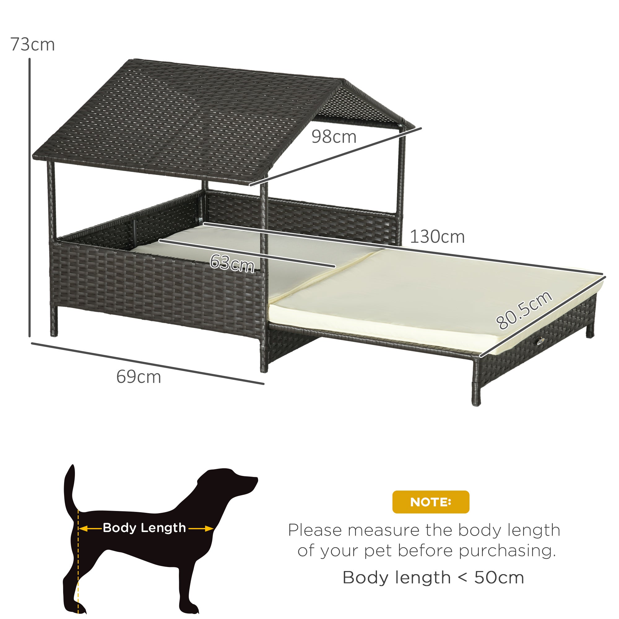 Rattan Dog House, Extendable Outdoor Wicker Dog Bed w/ Water-Resistant Roof, Removable Cushion, for Small and Medium Dogs - Cream White