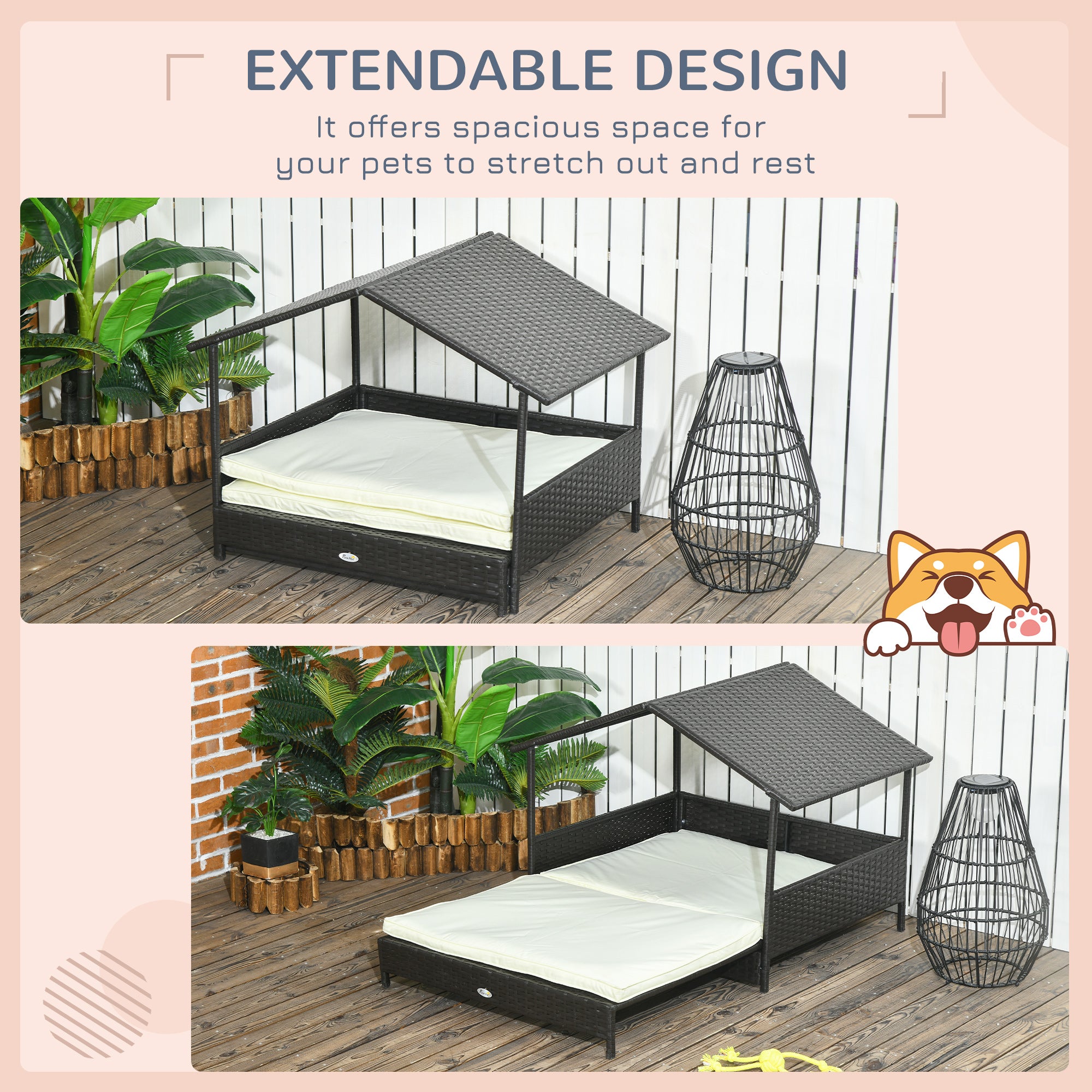 Rattan Dog House, Extendable Outdoor Wicker Dog Bed w/ Water-Resistant Roof, Removable Cushion, for Small and Medium Dogs - Cream White