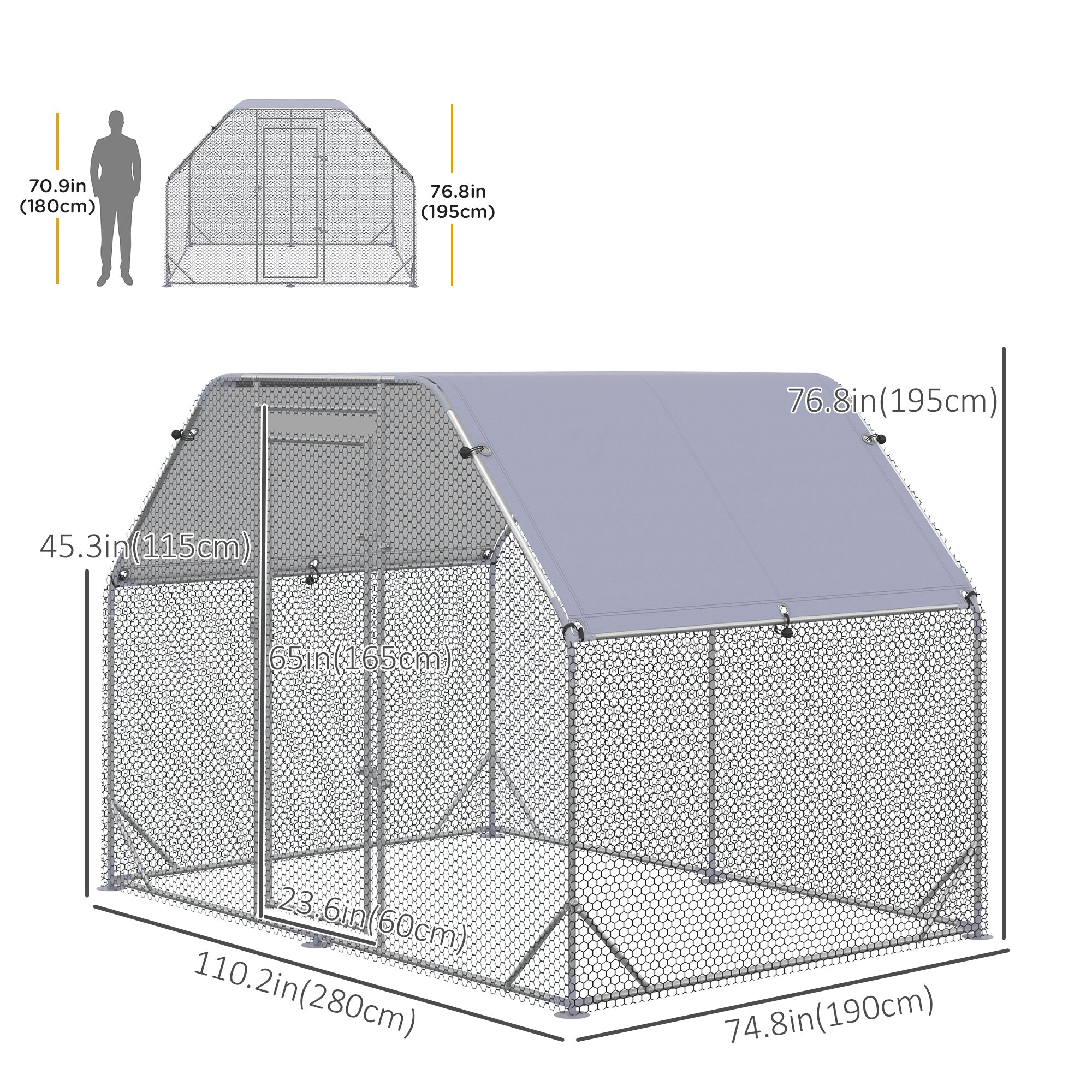 Galvanized Large Metal Chicken Coop Cage Walk-in Enclosure Poultry Hen Run House Playpen Rabbit Hutch with Cover for Outdoor Backyard 9.2' x 6.2' x 6.5' Silver