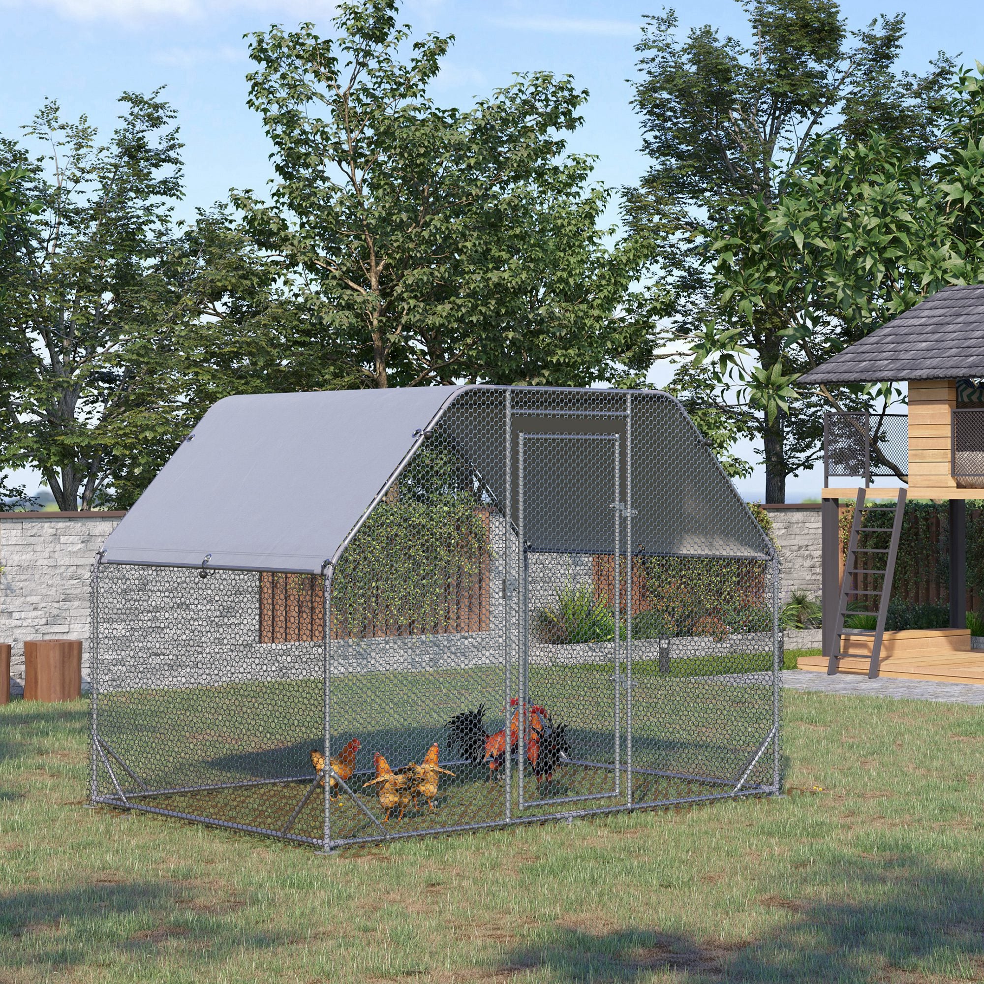Galvanized Large Metal Chicken Coop Cage Walk-in Enclosure Poultry Hen Run House Playpen Rabbit Hutch with Cover for Outdoor Backyard 9.2' x 6.2' x 6.5' Silver