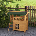 Load image into Gallery viewer, PawHut Outdoor Cat House, 2-Story Shelter for Feral Cats, Wooden Kitten Condo with Asphalt Roof, Stairs, Balcony, 30" x 20" x 29", Natural
