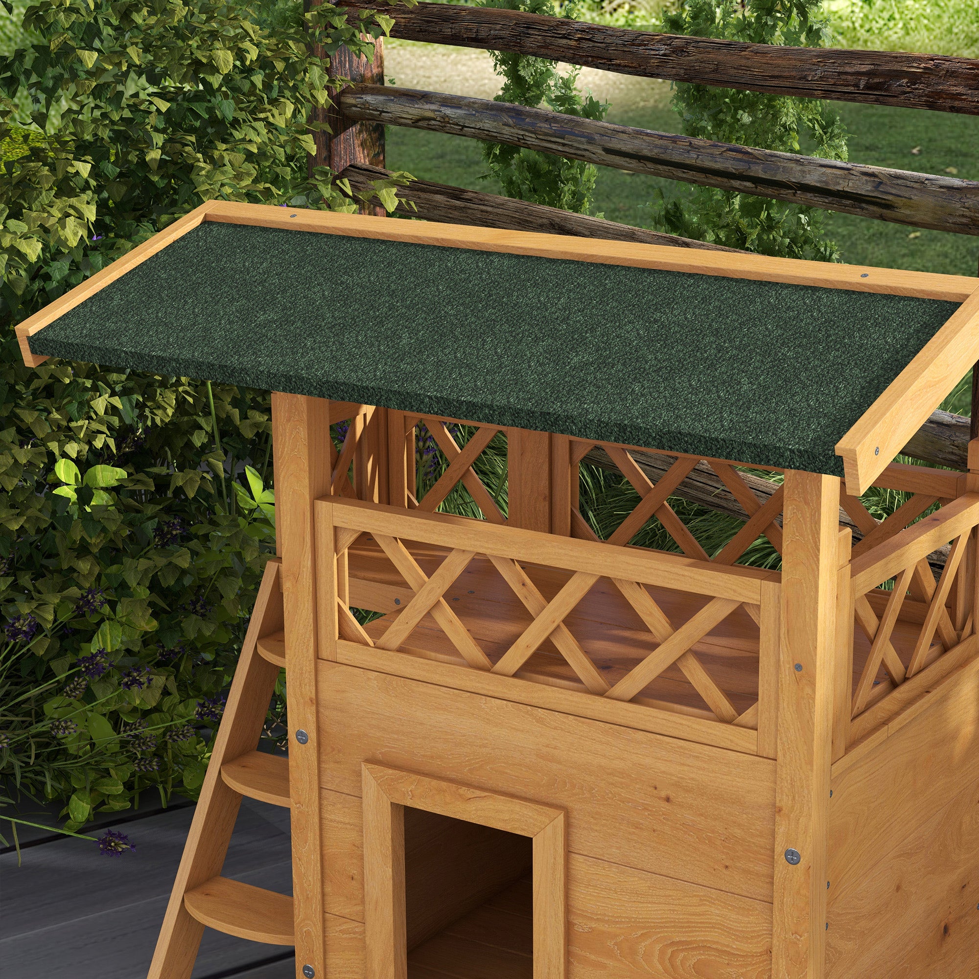 PawHut Outdoor Cat House, 2-Story Shelter for Feral Cats, Wooden Kitten Condo with Asphalt Roof, Stairs, Balcony, 30" x 20" x 29", Natural