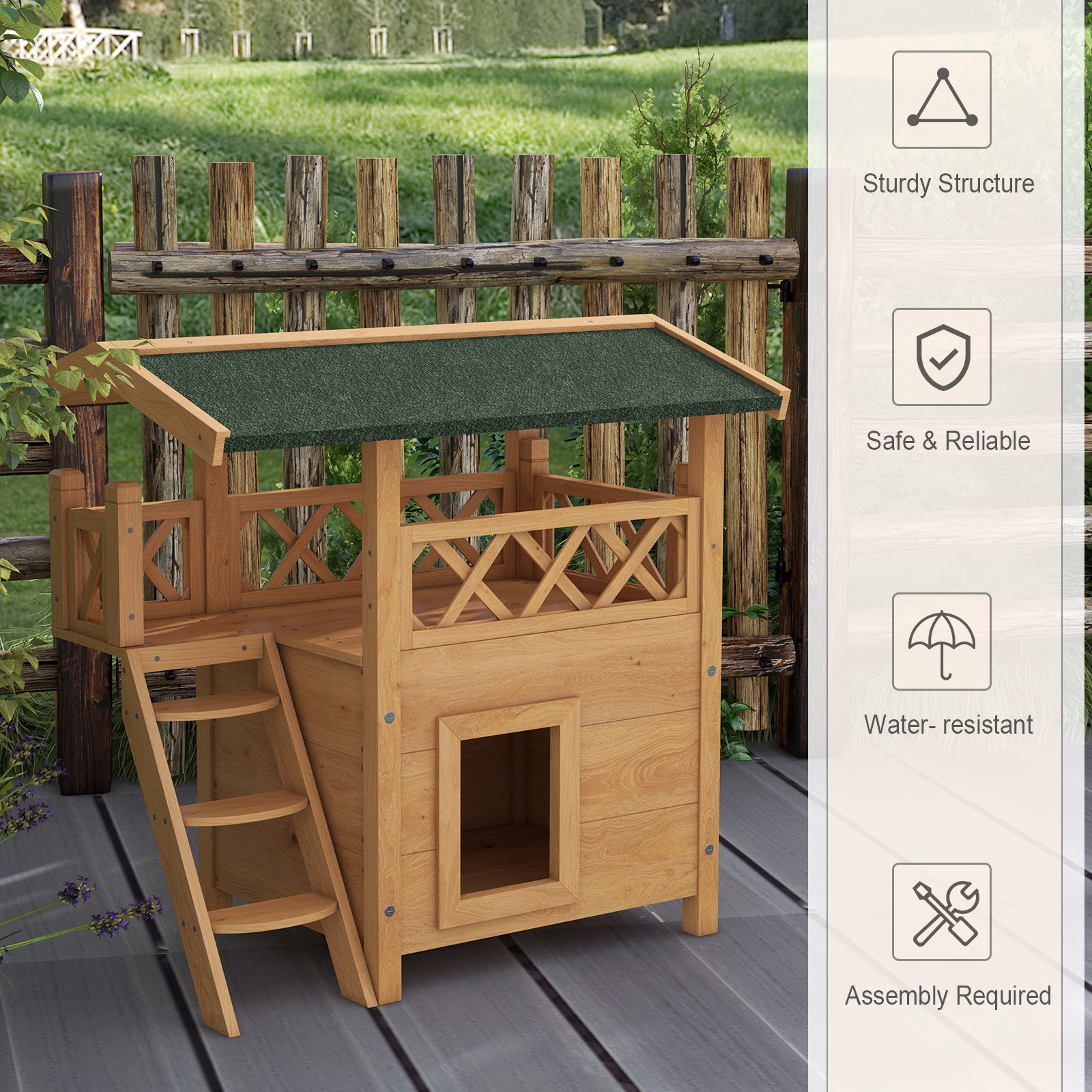 Outdoor Cat House Kitten Shelter Puppy Kennel with Balcony Stairs Asphalt Roof, 77 x 50 x 73 cm, Natural Wood Finish