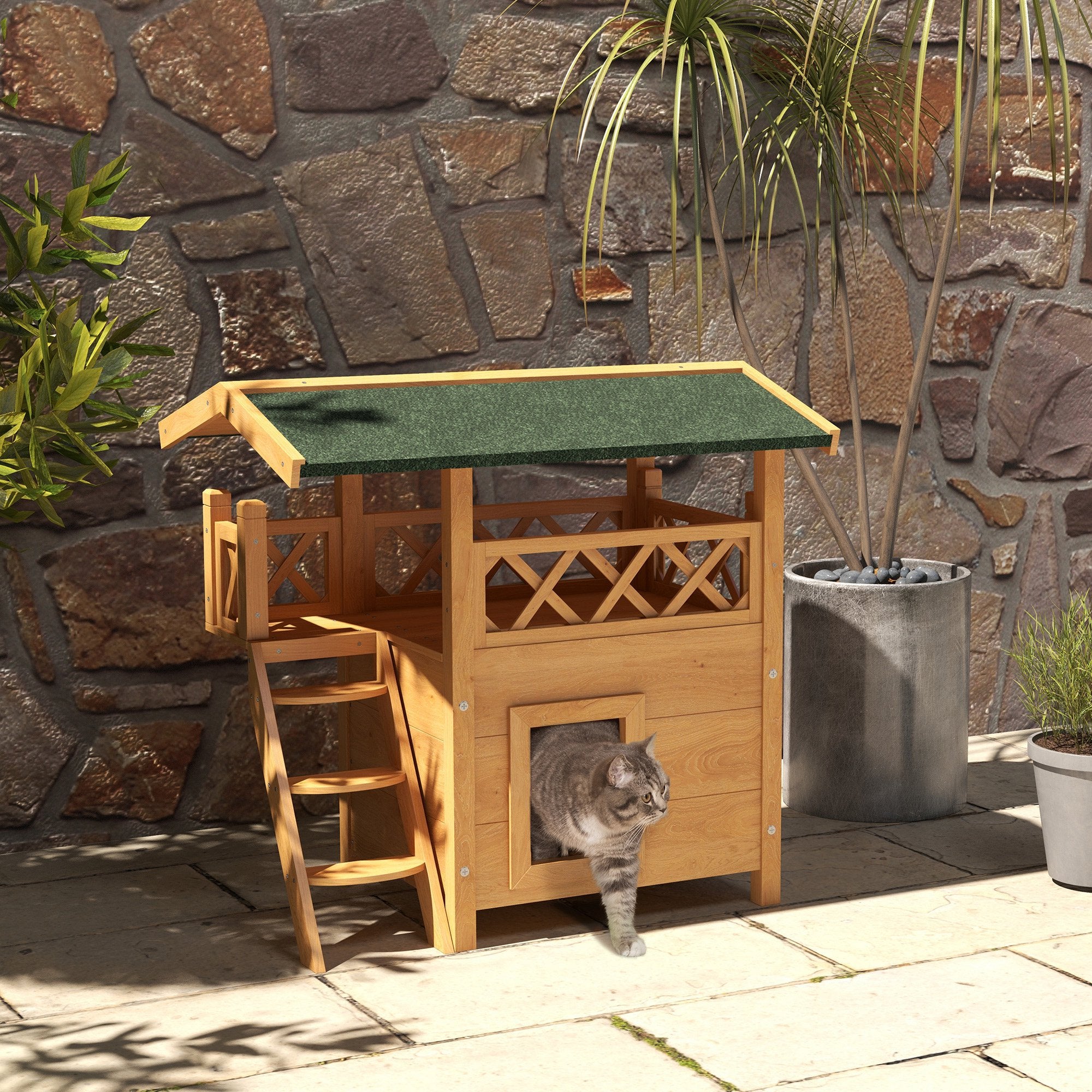 Outdoor Cat House Kitten Shelter Puppy Kennel with Balcony Stairs Asphalt Roof, 77 x 50 x 73 cm, Natural Wood Finish
