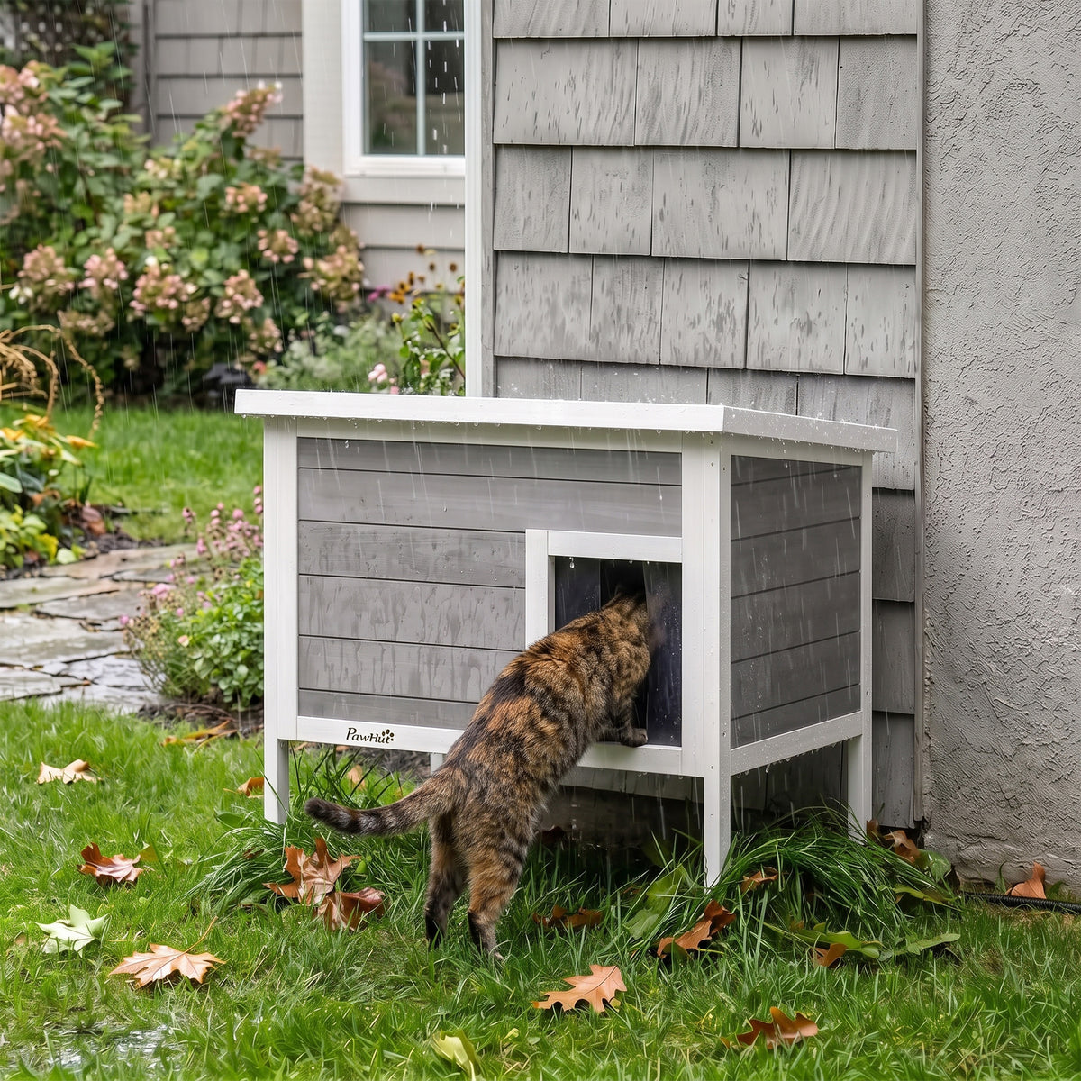 Outdoor Cat House Weatherproof with Removable Insulated Liner, Raised Wooden Cat House, Insulated Cat Shelter, Outdoor Use, Waterproof Asphalt Roof, Escape Door, Opening Top