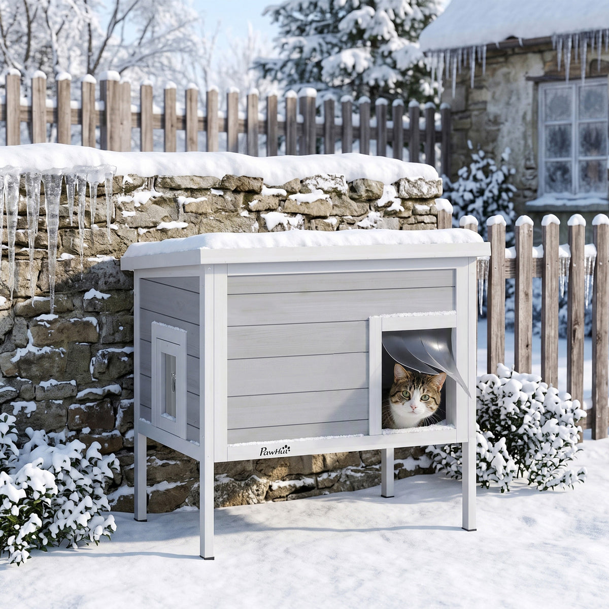 Outdoor Cat House Weatherproof with Removable Insulated Liner, Raised Wooden Cat House, Insulated Cat Shelter, Outdoor Use, Waterproof Asphalt Roof, Escape Door, Opening Top