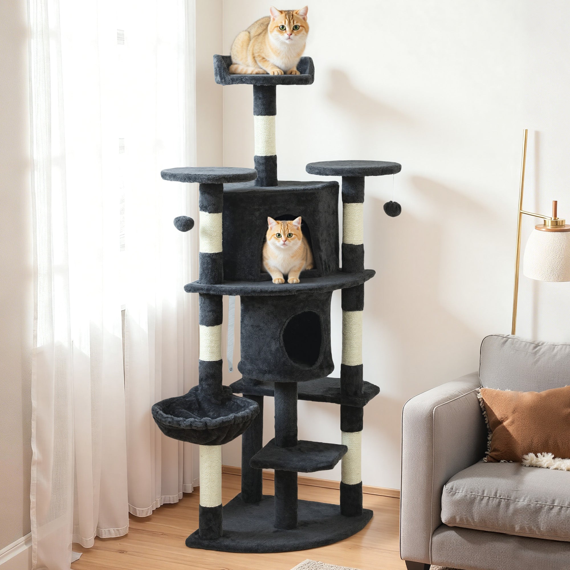 Cat Tree, 62" Multi-Level Cat Tower with Scratching Posts, 2 Condos, Hammock, Perches, Plush, Pompoms, for Indoor Kittens Playing, Resting, Sleeping, Dark Grey