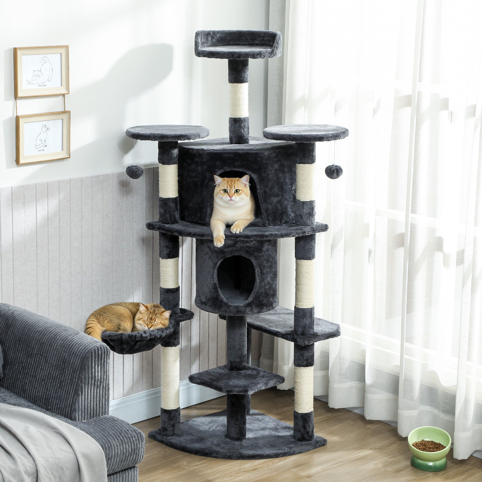 Cat Tree, 62" Multi-Level Cat Tower with Scratching Posts, 2 Condos, Hammock, Perches, Plush, Pompoms, for Indoor Kittens Playing, Resting, Sleeping, Dark Grey