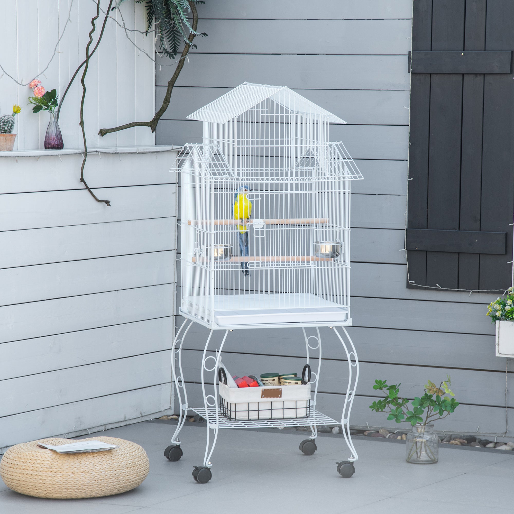 53.9'' Large Rolling Steel Bird Cage Bird House with Detachable Rolling Stand, Storage Shelf, Wood Perch, Food Container, White