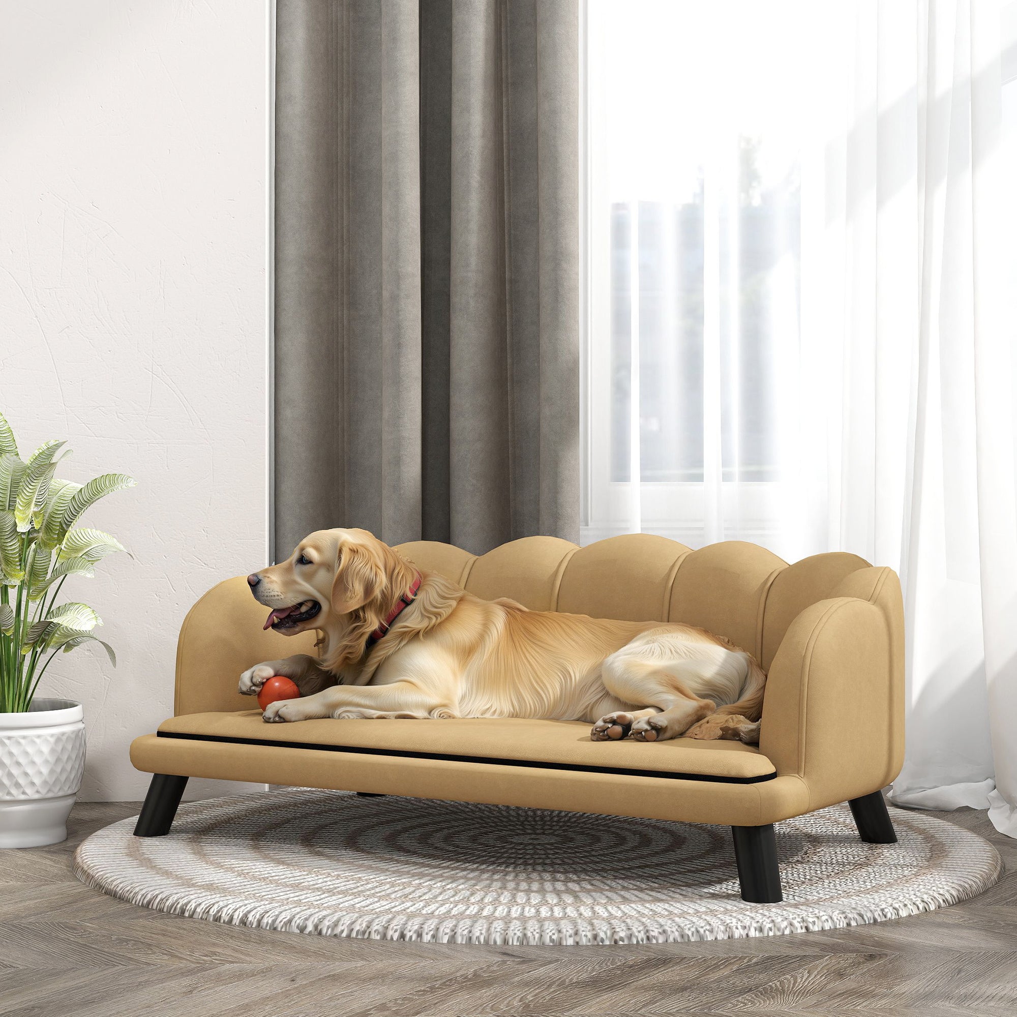 Velvet Large Dog Couch with Foam Cushion, Soft and Cute Dog Bed with Pearl Design, Dog Sofa for Big and Medium Dogs, Coffee