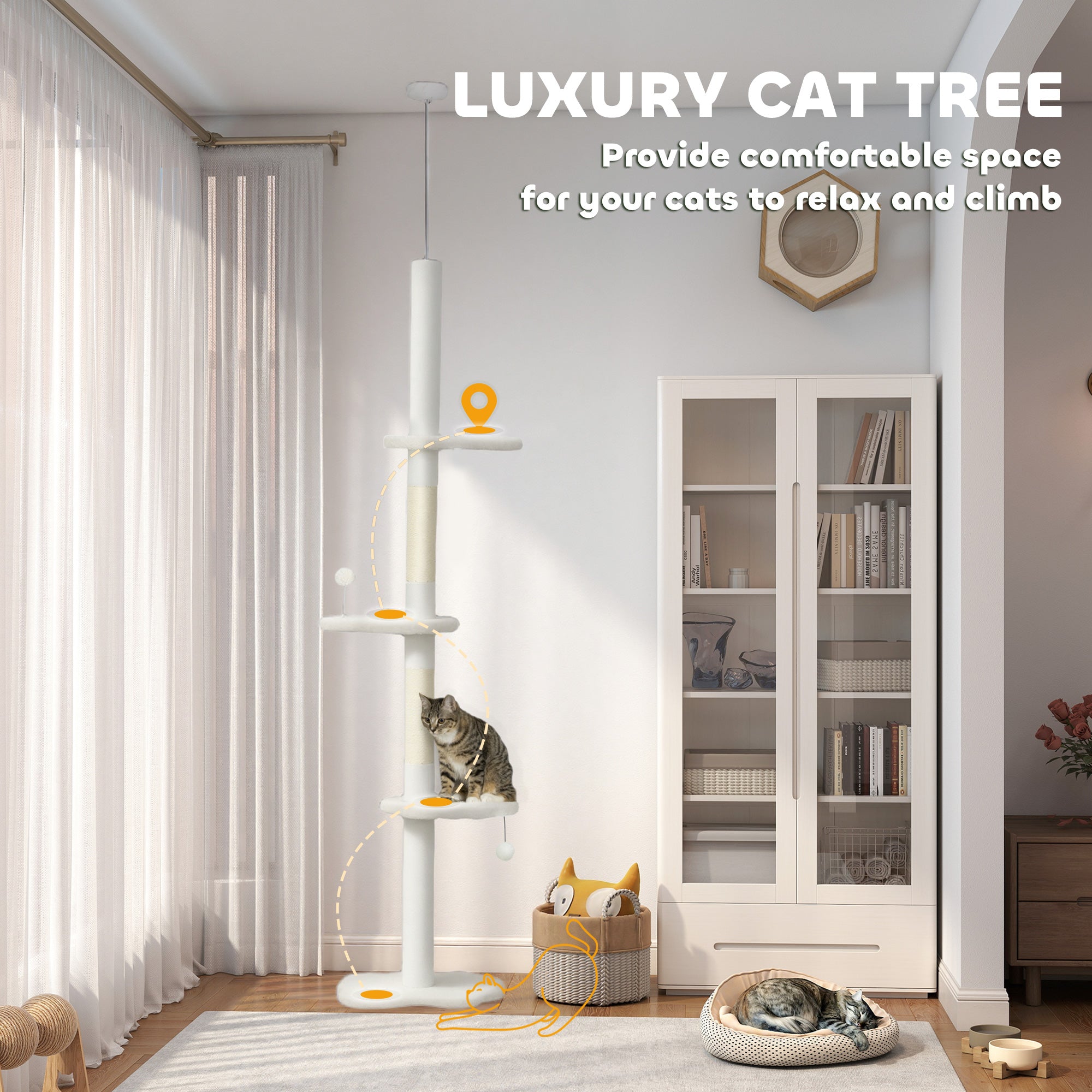 Floor to Ceiling Cat Tree, 225-255 cm Adjustable Cat Climbing Tower with 3 Cloud Perches, Sisal Scratching Posts, 2 Hanging Play Balls and Anti-Tip Strap, Beige