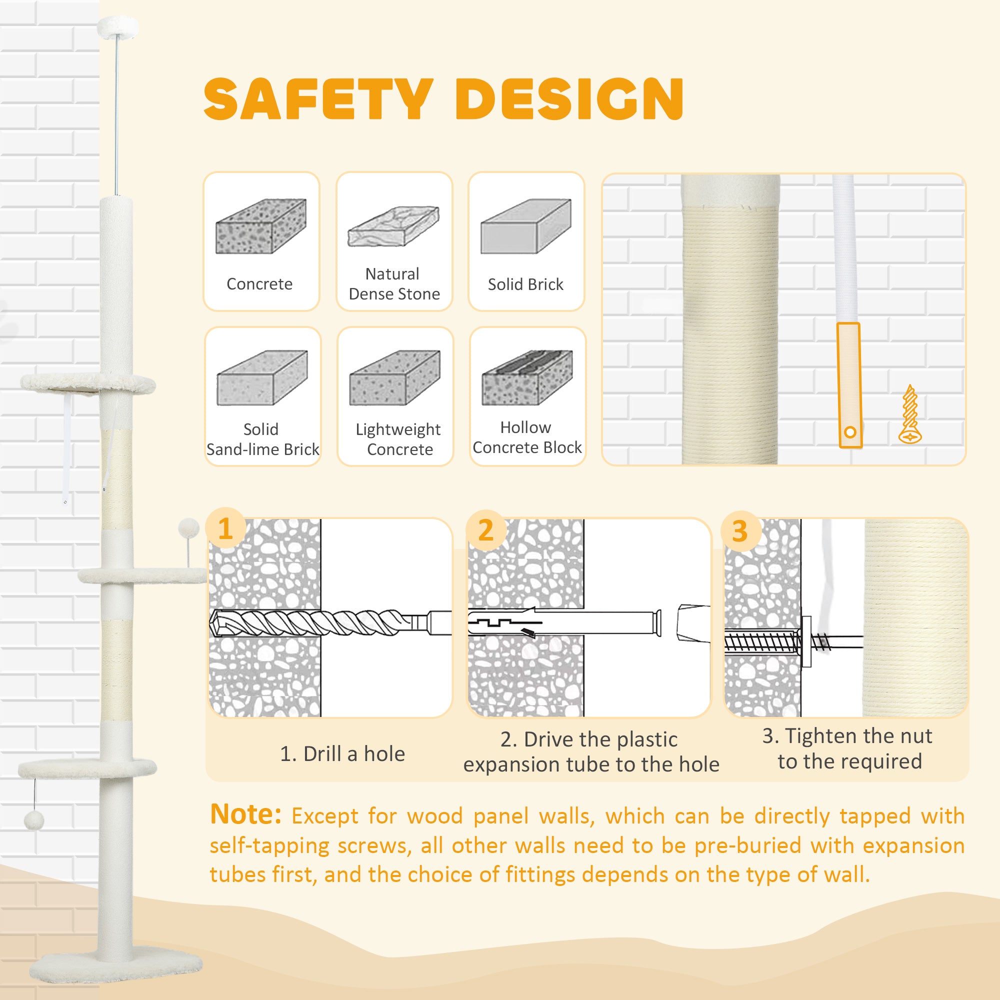 Floor to Ceiling Cat Tree, 225-255 cm Adjustable Cat Climbing Tower with 3 Cloud Perches, Sisal Scratching Posts, 2 Hanging Play Balls and Anti-Tip Strap, Beige