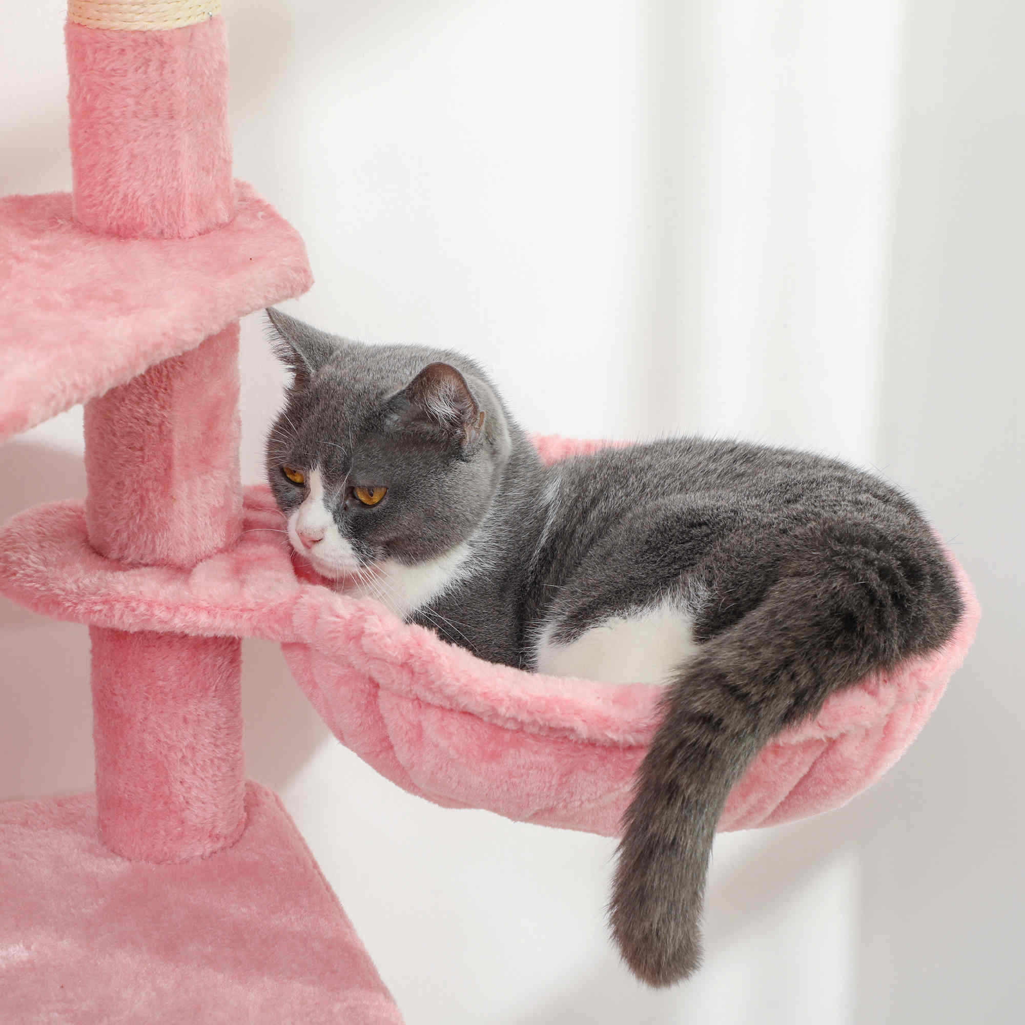Cat Tree, 70" Multi-Level Cat Tower for Indoor with 2 Condos, 2 Plush Top Perches, Hammock, Platforms, Toy Balls, Sisal Scratching Posts and Board, Pink
