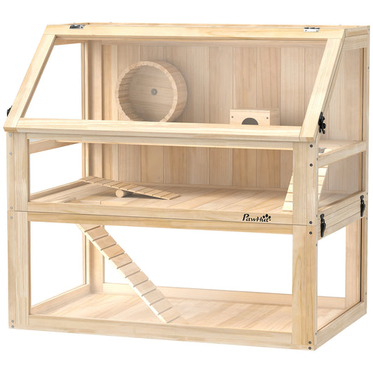 Wooden Hamster Cage, 3 Tier Small Gerbil Cage with Detachable 31cm Deep Bottom, Hut, Seesaw, Exercise Wheel, Ramps, Natural Wood Finish