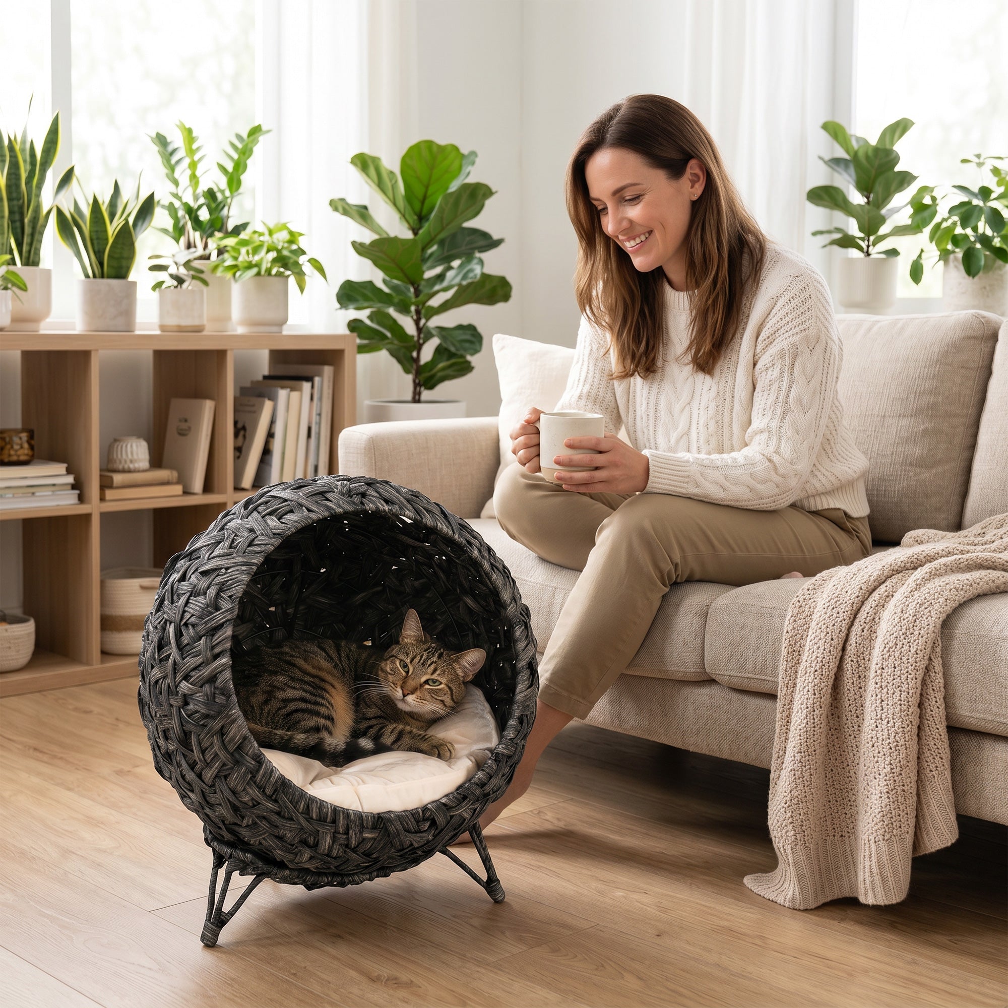 Rattan Cat Bed, Elevated Handwoven Cat Basket Bed with Soft Cushion and Metal Base, Indoor Kitty Furniture, Breathable, for Kittens, Gray