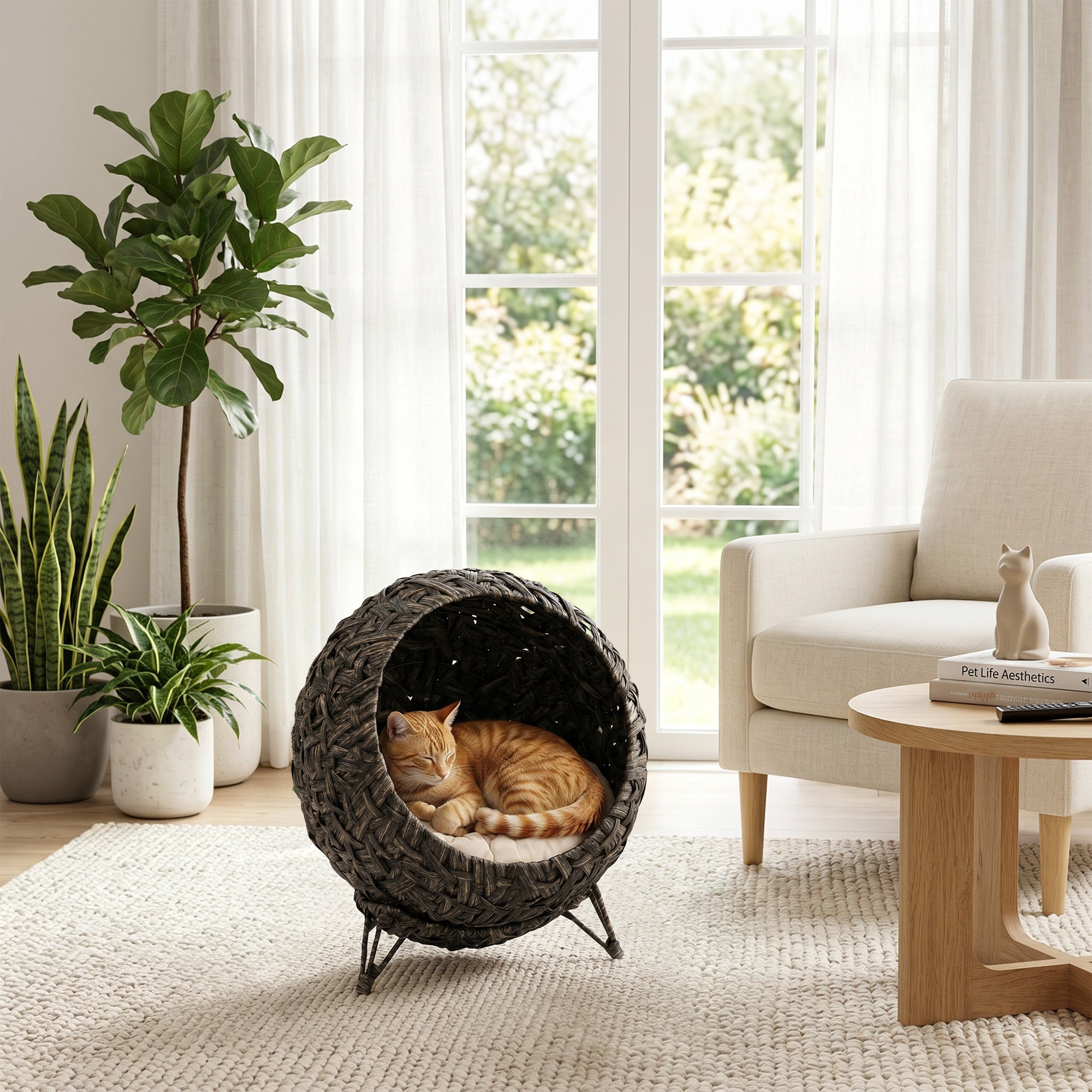 Rattan Cat Bed, Elevated Handwoven Cat Basket Bed with Soft Cushion and Metal Base, Indoor Kitty Furniture, Breathable, for Kittens, Gray