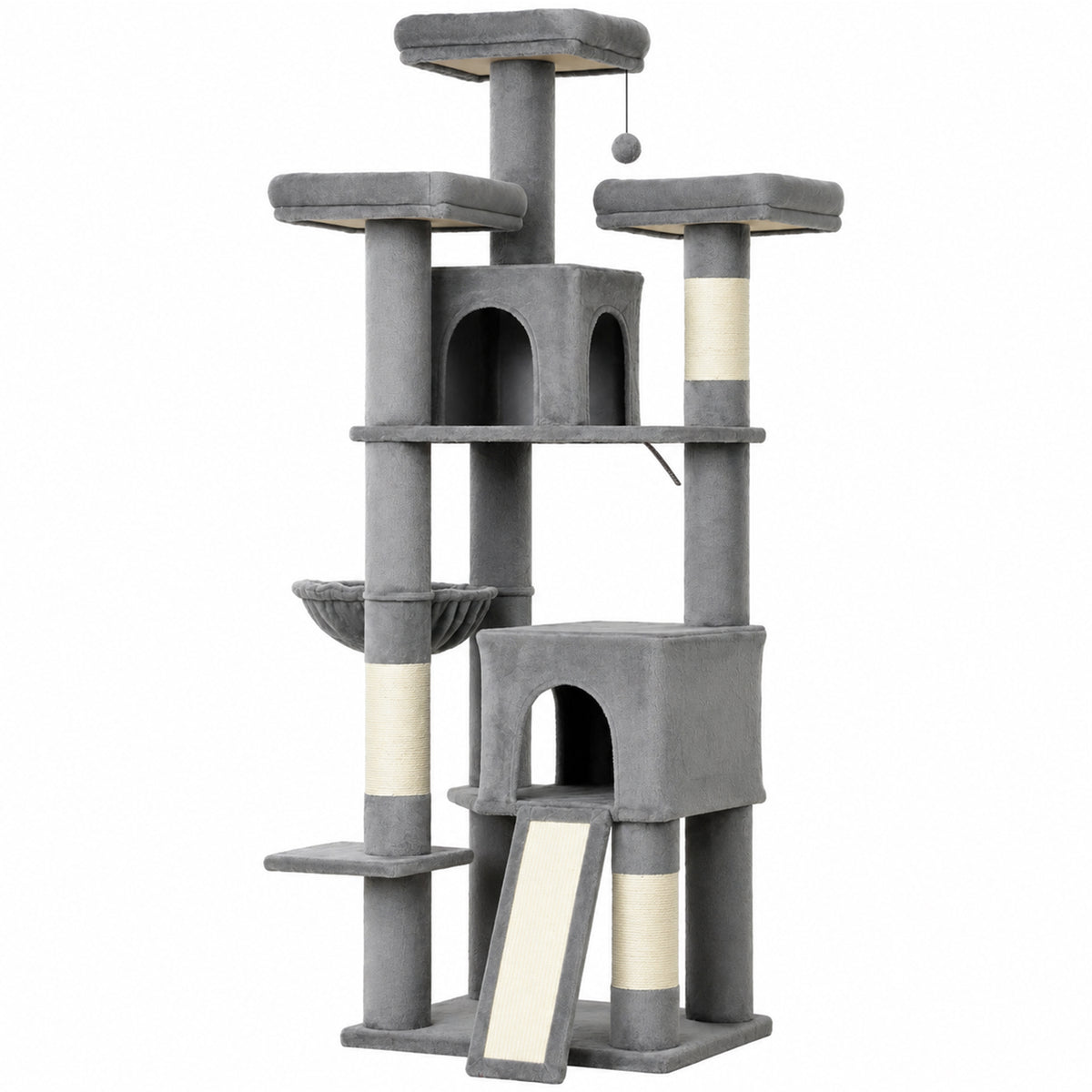 72" Cat Tree, Large Cat Tower with 2 Condos, 3 Padded Beds, Hammock, 3 Scratching Posts and Ladder, Multi-Level Tall Kitty Condo for Indoor Kittens, Dark Gray