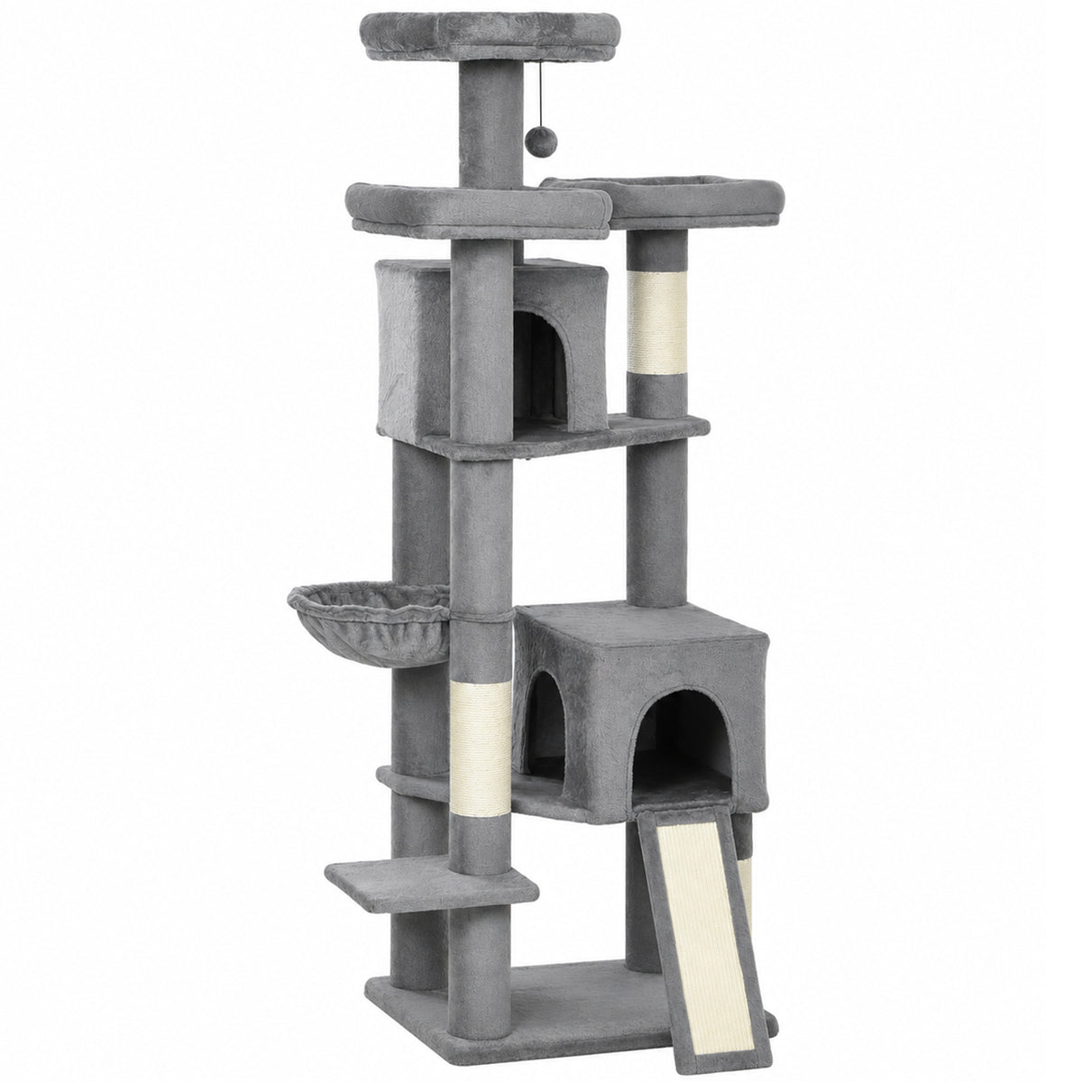 72" Cat Tree, Large Cat Tower with 2 Condos, 3 Padded Beds, Hammock, 3 Scratching Posts and Ladder, Multi-Level Tall Kitty Condo for Indoor Kittens, Dark Gray