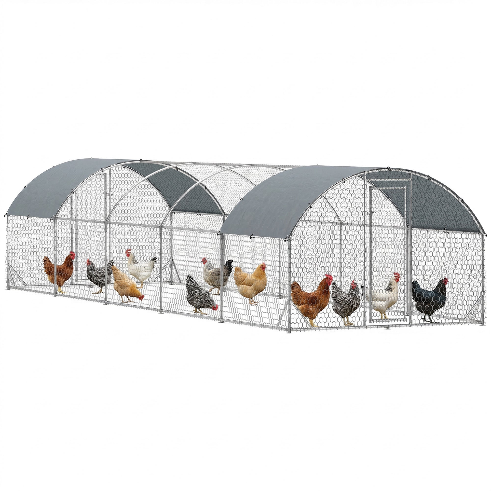 Chicken Run, Galvanized Large Metal Chicken Coop Cage, Walk-in Enclosure Poultry Hen Run House Playpen Rabbit Hutch with Dome Roof, Cover, 9.2' × 31.2' × 6.4', Silver