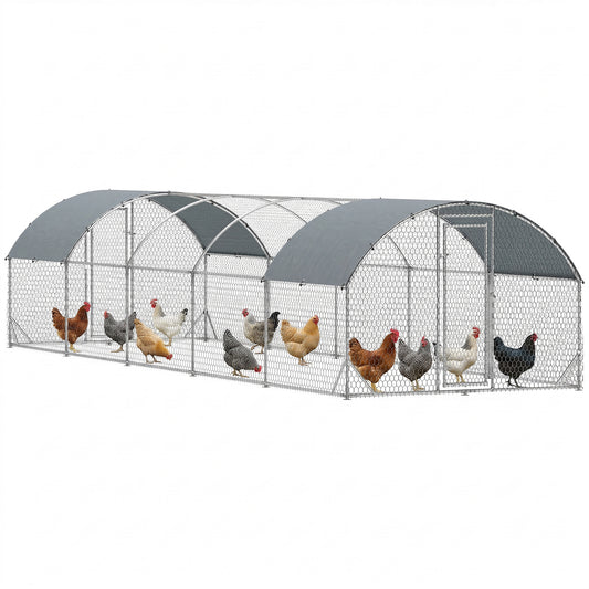 Chicken Run, Galvanized Large Metal Chicken Coop Cage, Walk-in Enclosure Poultry Hen Run House Playpen Rabbit Hutch with Dome Roof, Cover, 9.2' × 31.2' × 6.4', Silver
