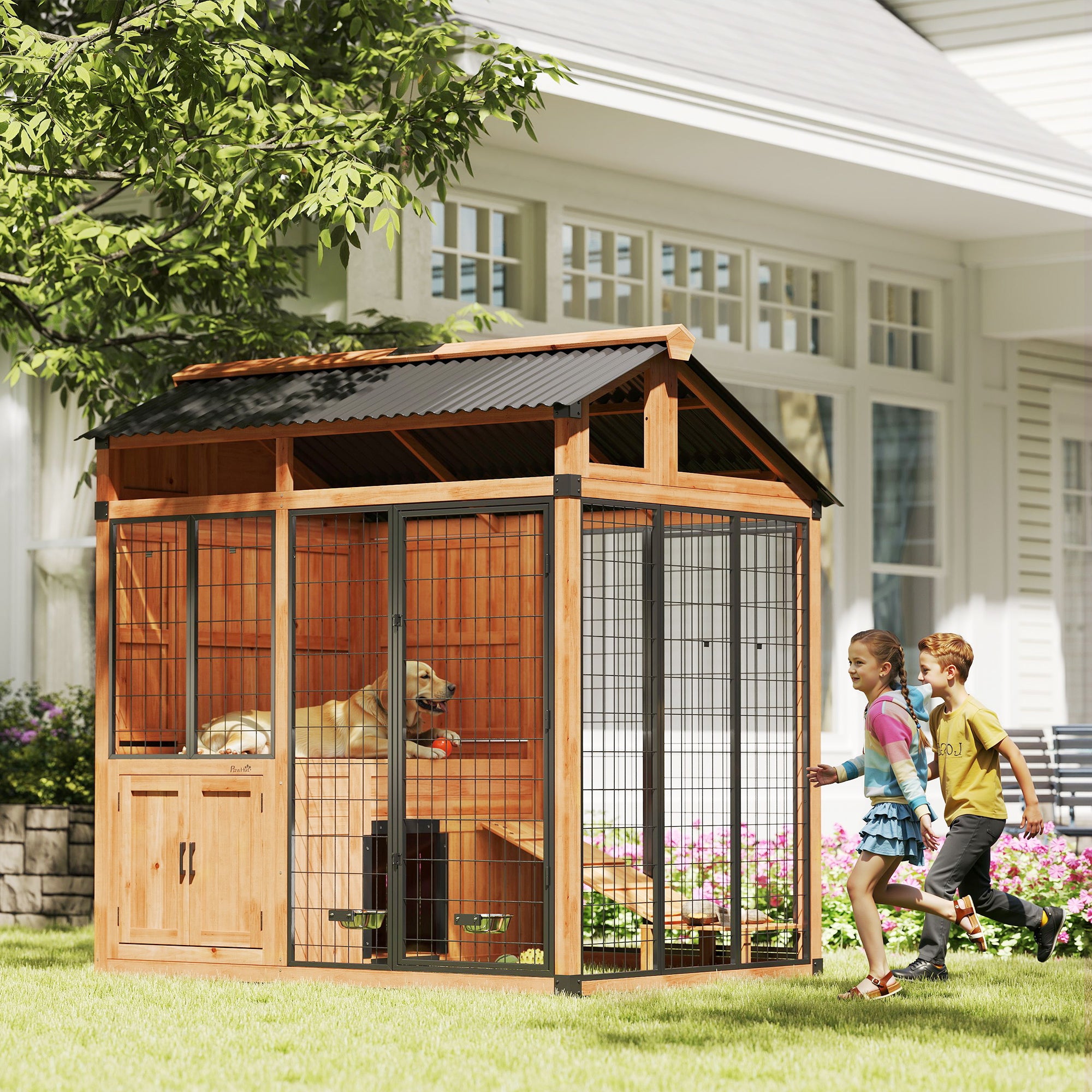 7' x 5' Extra Large Dog House, Wood Outdoor Dog Kennel with Activity Platform, Stairs, Storage Cabinet, Pet Shelter with Waterproof Roof, Stainless Steel Bowls for Large Breeds, Yellow