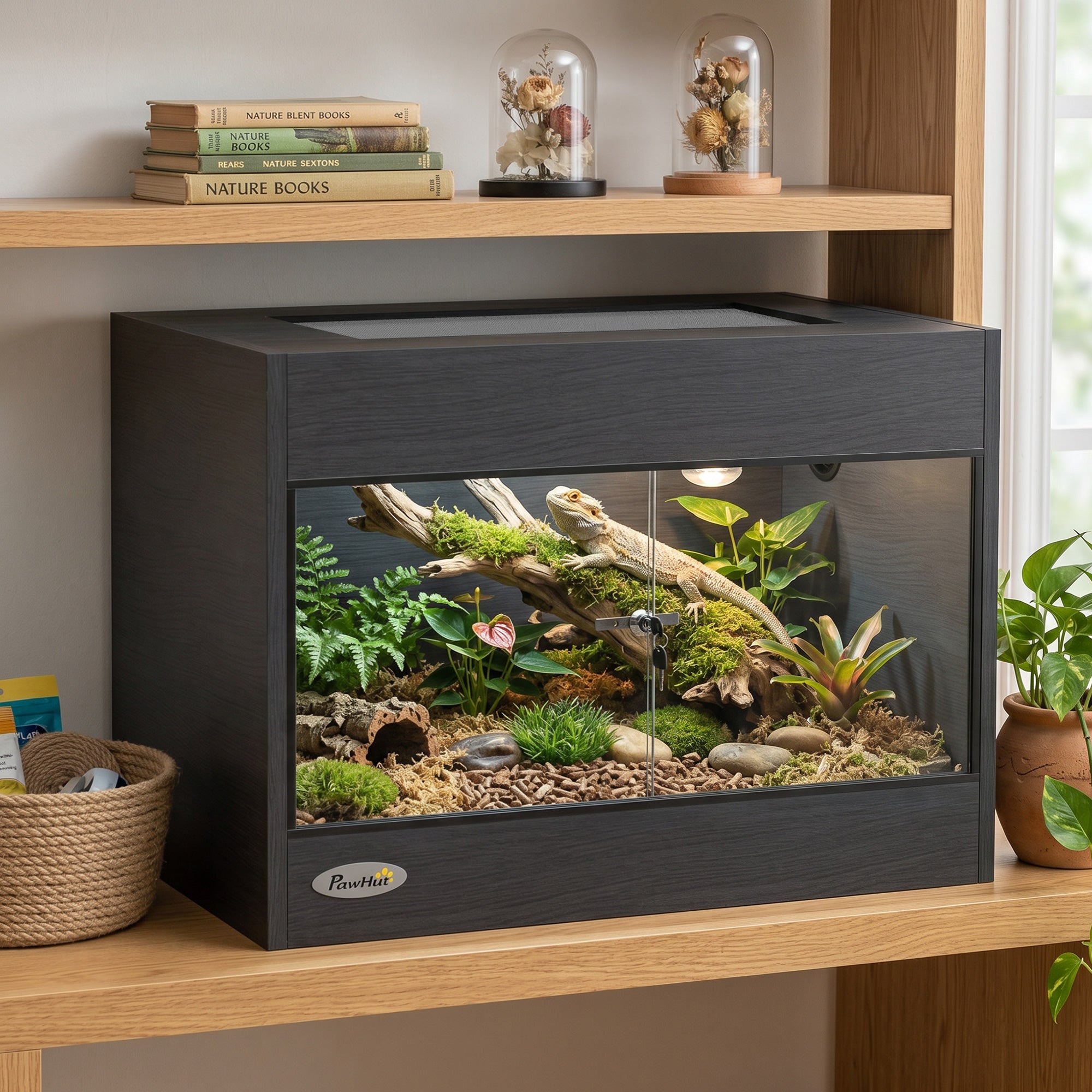 Reptile Terrarium, High-Strength Reptile Vivarium with Sliding Glass Doors, Secure Lock and Top Ventilation, Tarantula Enclosure for Bearded Dragon, Snake and Gecko, 60 x 45 x 45 cm, Black