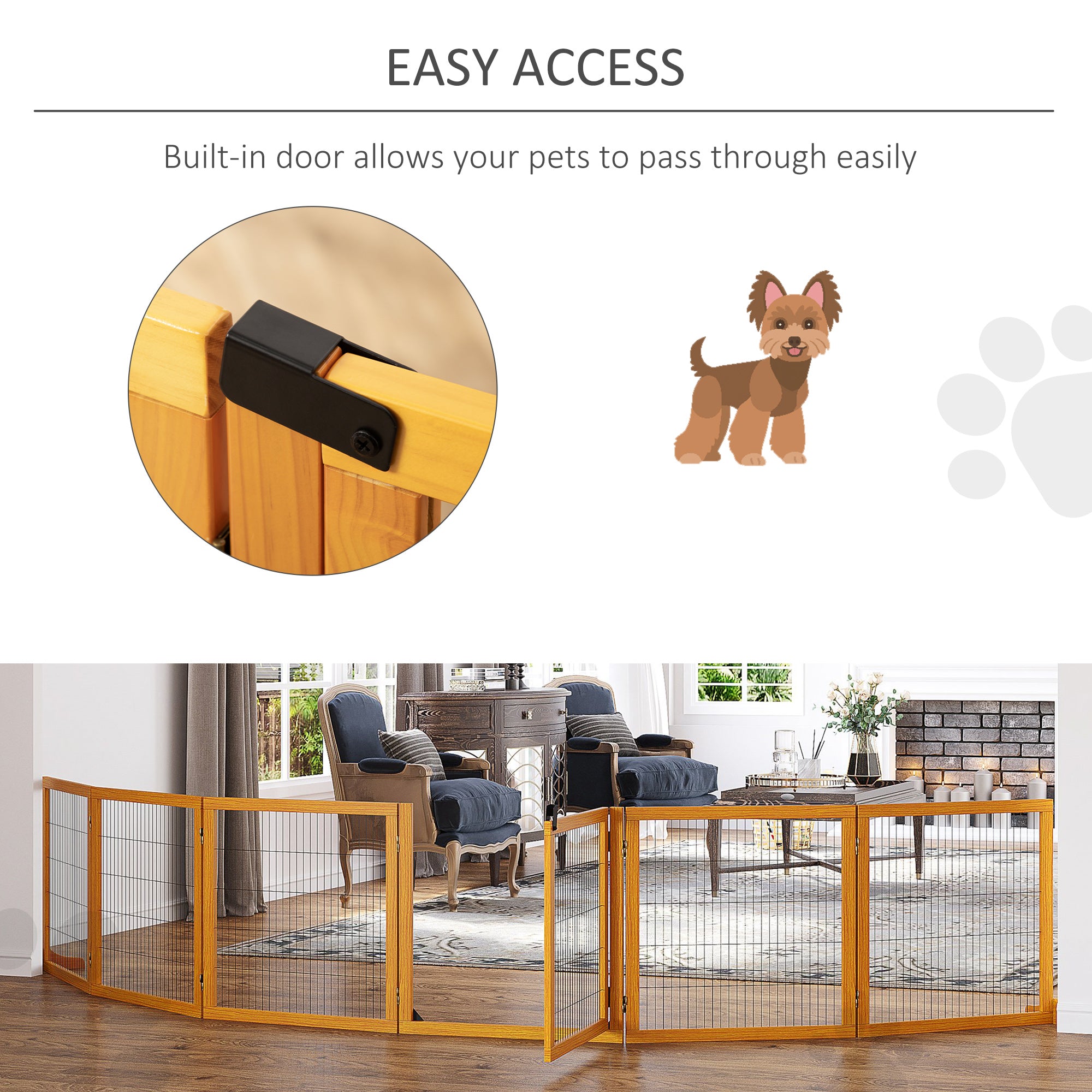 Wooden Pet Gate, Dog Safety Barrier, Freestanding Foldable Fence, w/ 6 Panels, 2 Support Feet, for House Doorway Stairs, Small & Medium Dogs, Yellow