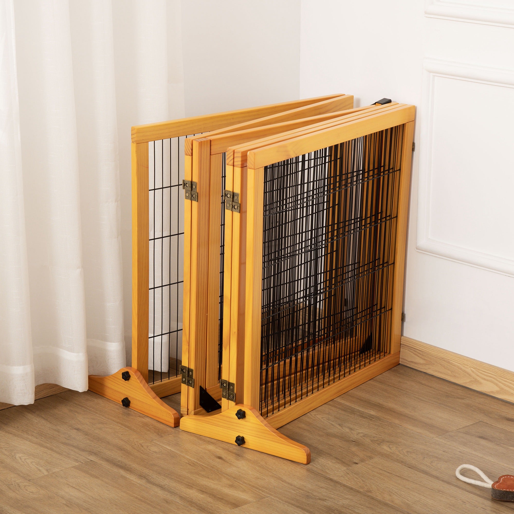Wooden Pet Gate, Dog Safety Barrier, Freestanding Foldable Fence, w/ 6 Panels, 2 Support Feet, for House Doorway Stairs, Small & Medium Dogs, Yellow