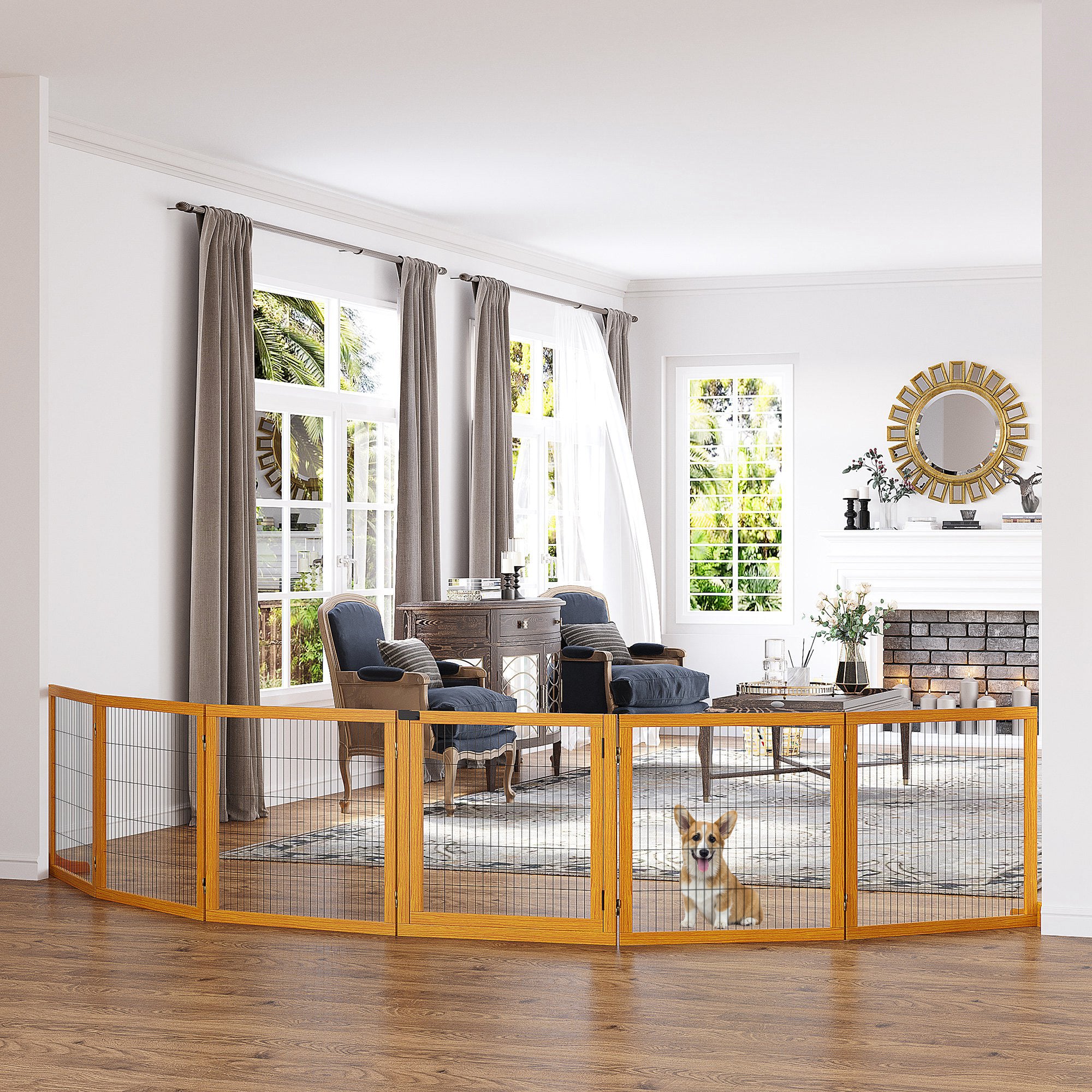 Wooden Pet Gate, Dog Safety Barrier, Freestanding Foldable Fence, w/ 6 Panels, 2 Support Feet, for House Doorway Stairs, Small & Medium Dogs, Yellow