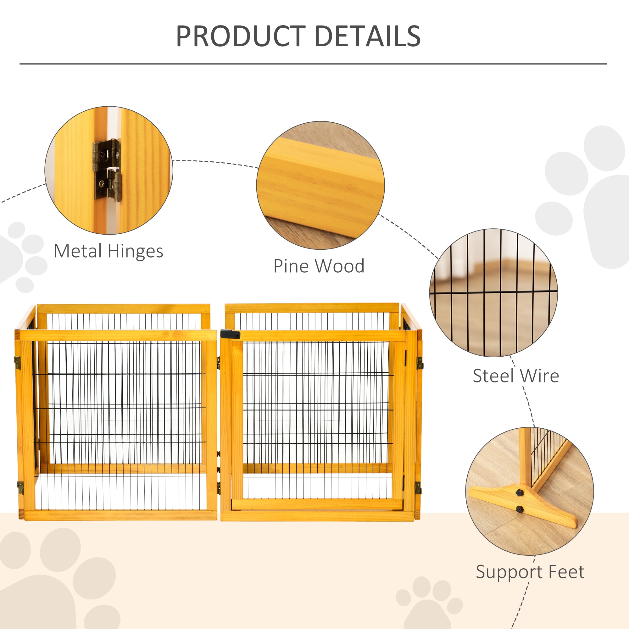 Wooden Pet Gate, Dog Safety Barrier, Freestanding Foldable Fence, w/ 6 Panels, 2 Support Feet, for House Doorway Stairs, Small & Medium Dogs, Yellow