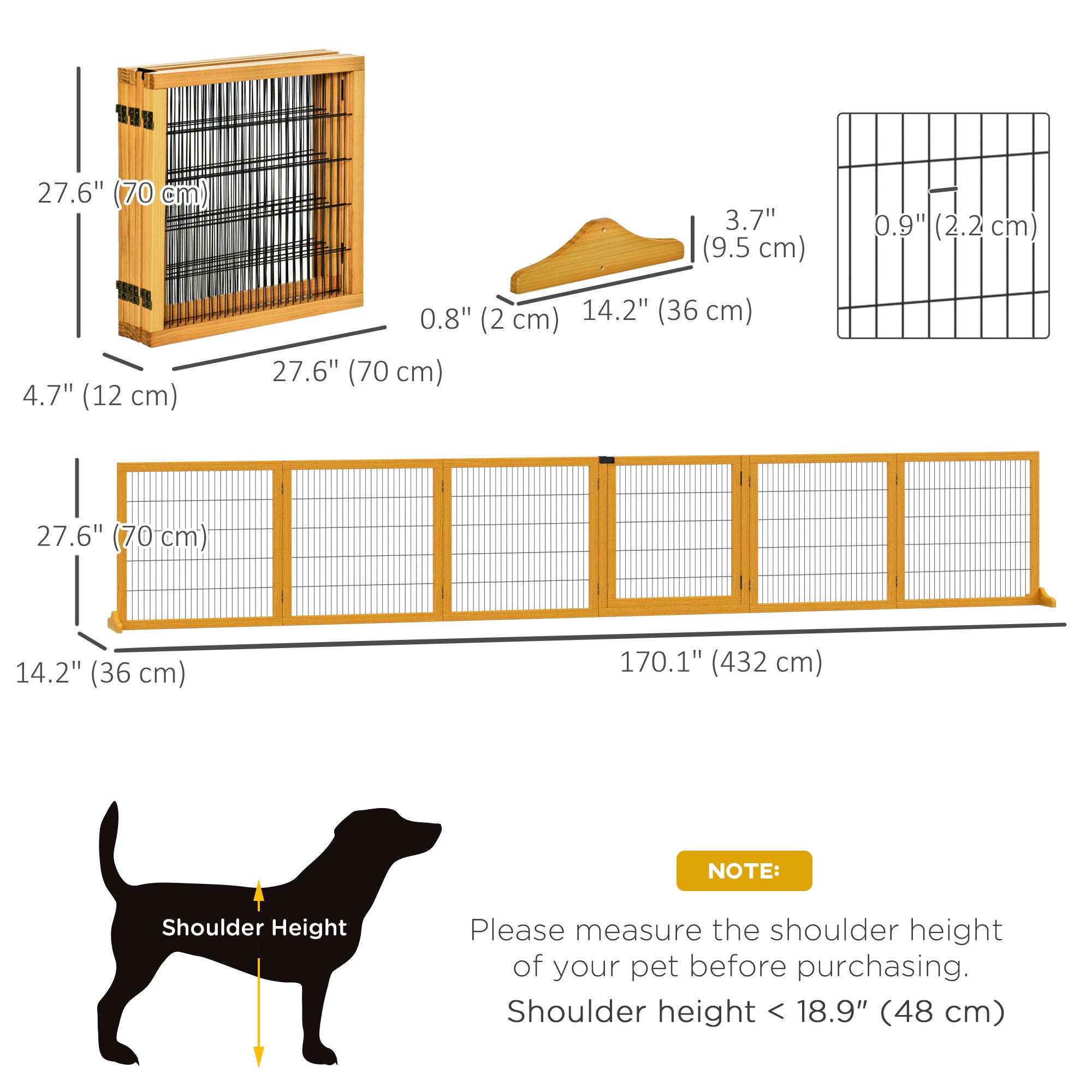 Wooden Pet Gate, Dog Safety Barrier, Freestanding Foldable Fence, w/ 6 Panels, 2 Support Feet, for House Doorway Stairs, Small & Medium Dogs, Yellow