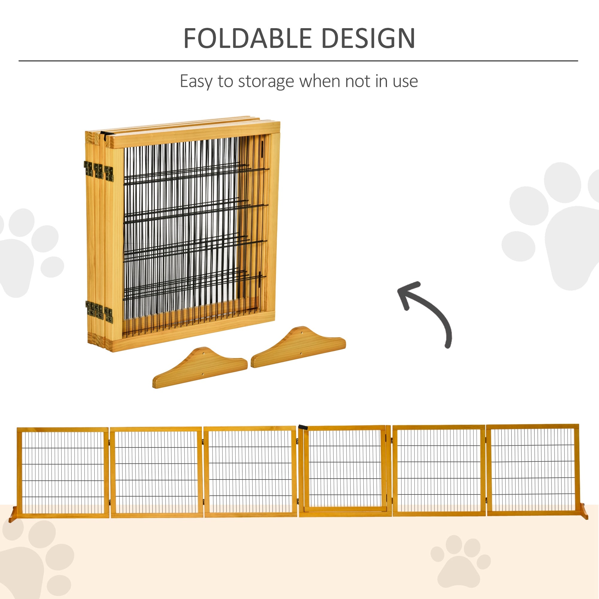 Wooden Pet Gate, Dog Safety Barrier, Freestanding Foldable Fence, w/ 6 Panels, 2 Support Feet, for House Doorway Stairs, Small & Medium Dogs, Yellow