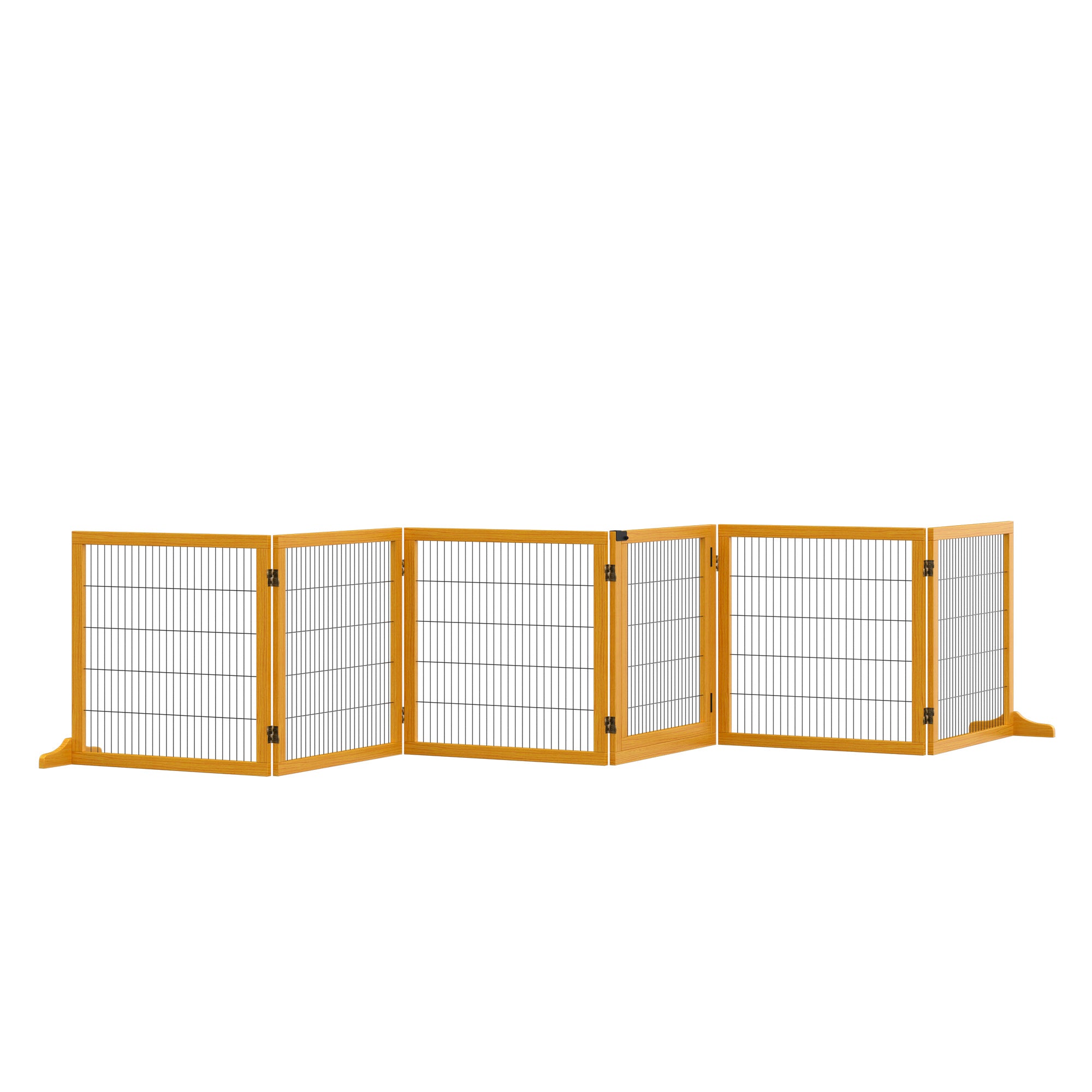 Wooden Pet Gate, Dog Safety Barrier, Freestanding Foldable Fence, w/ 6 Panels, 2 Support Feet, for House Doorway Stairs, Small & Medium Dogs, Yellow