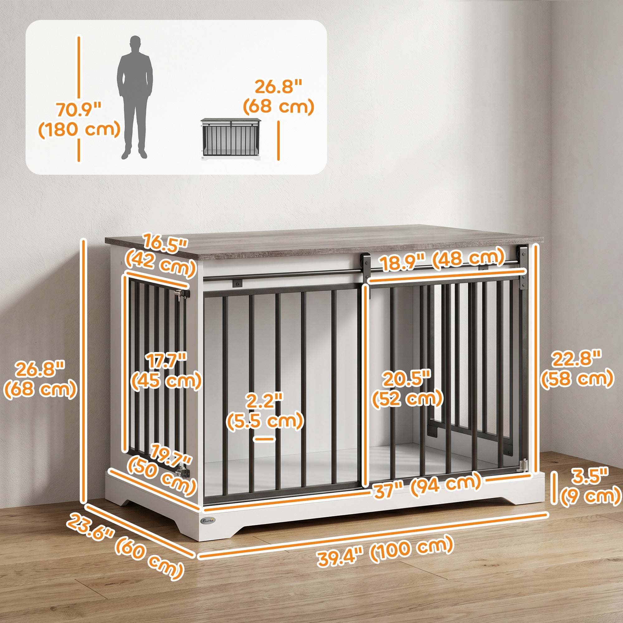 Dog Crate Furniture, 100 cm Wooden Dog Kennel Indoor Double Door with Sliding Barn Door, Decorative Pet Kennel End Side Table for Large Breeds, White