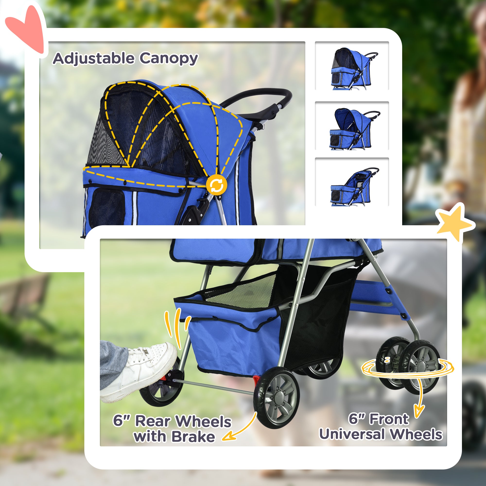 Pet Stroller for Small Miniature Dogs Cats Foldable Travel Carriage with Wheels Zipper Entry Cup Holder Storage Basket Blue