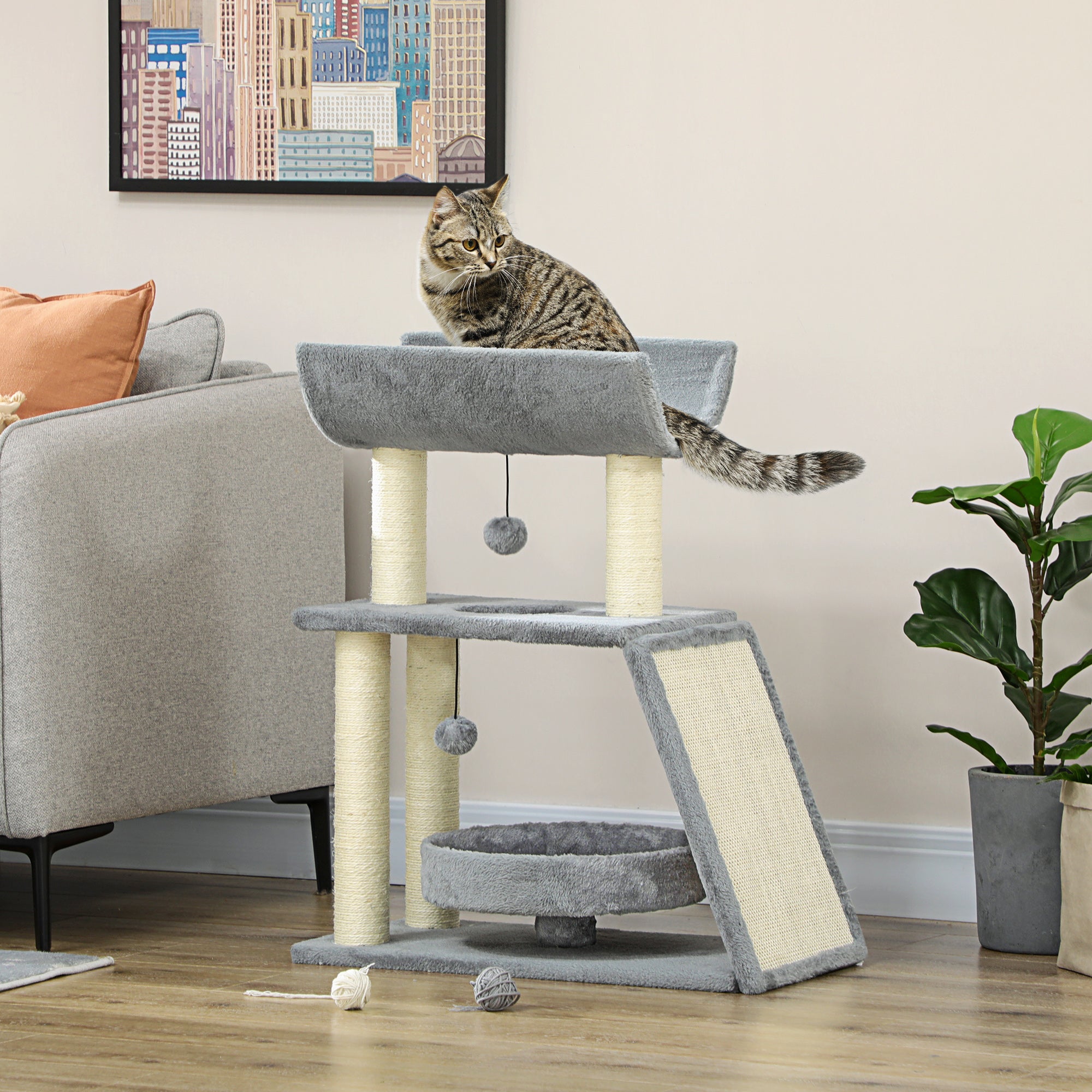 Cat Tree for Indoor Cats with Scratching Posts Pad, Kitten Tower with Bed Perch Ball Toy, 60 x 30 x 76 cm, Light Grey