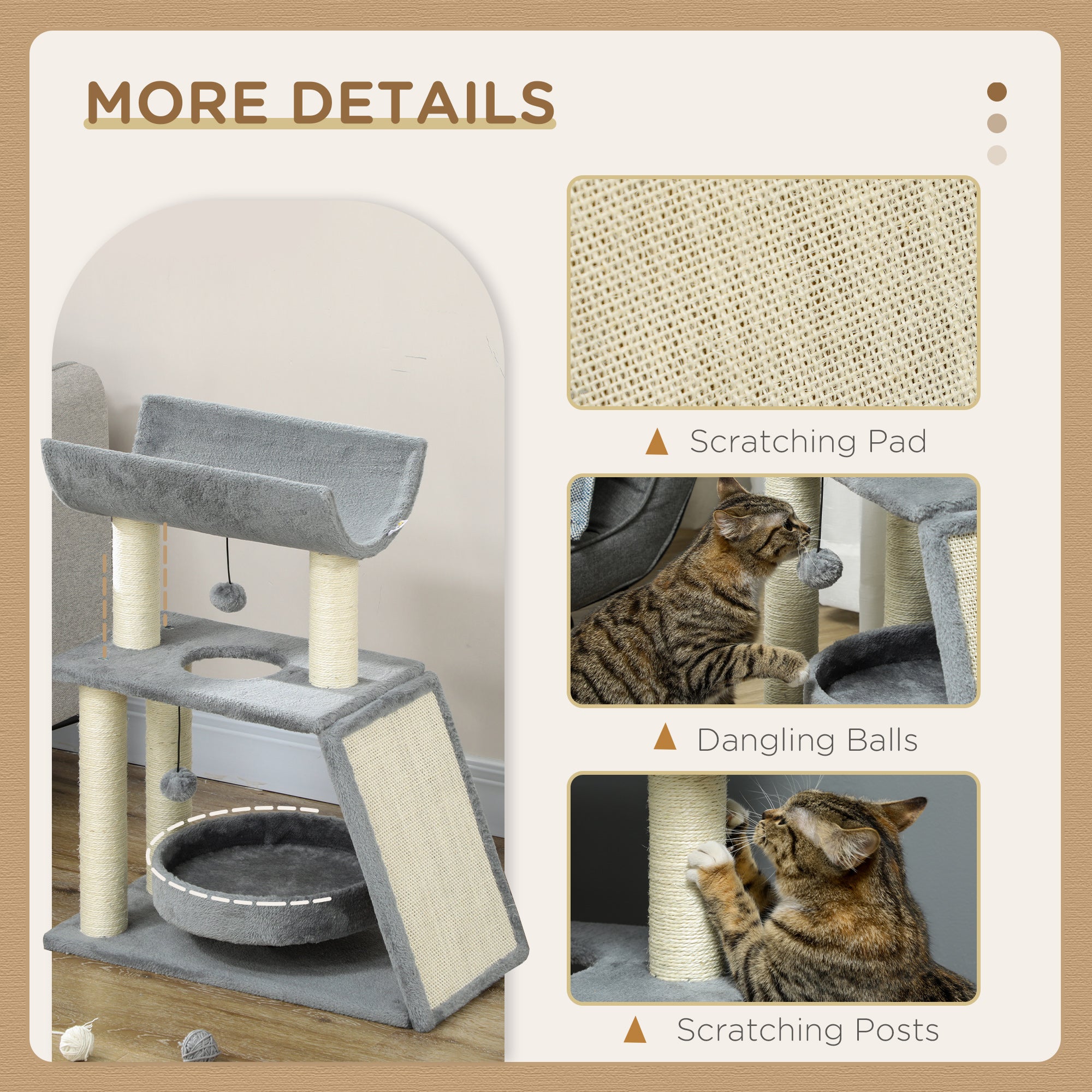 Cat Tree for Indoor Cats with Scratching Posts Pad, Kitten Tower with Bed Perch Ball Toy, 60 x 30 x 76 cm, Light Grey