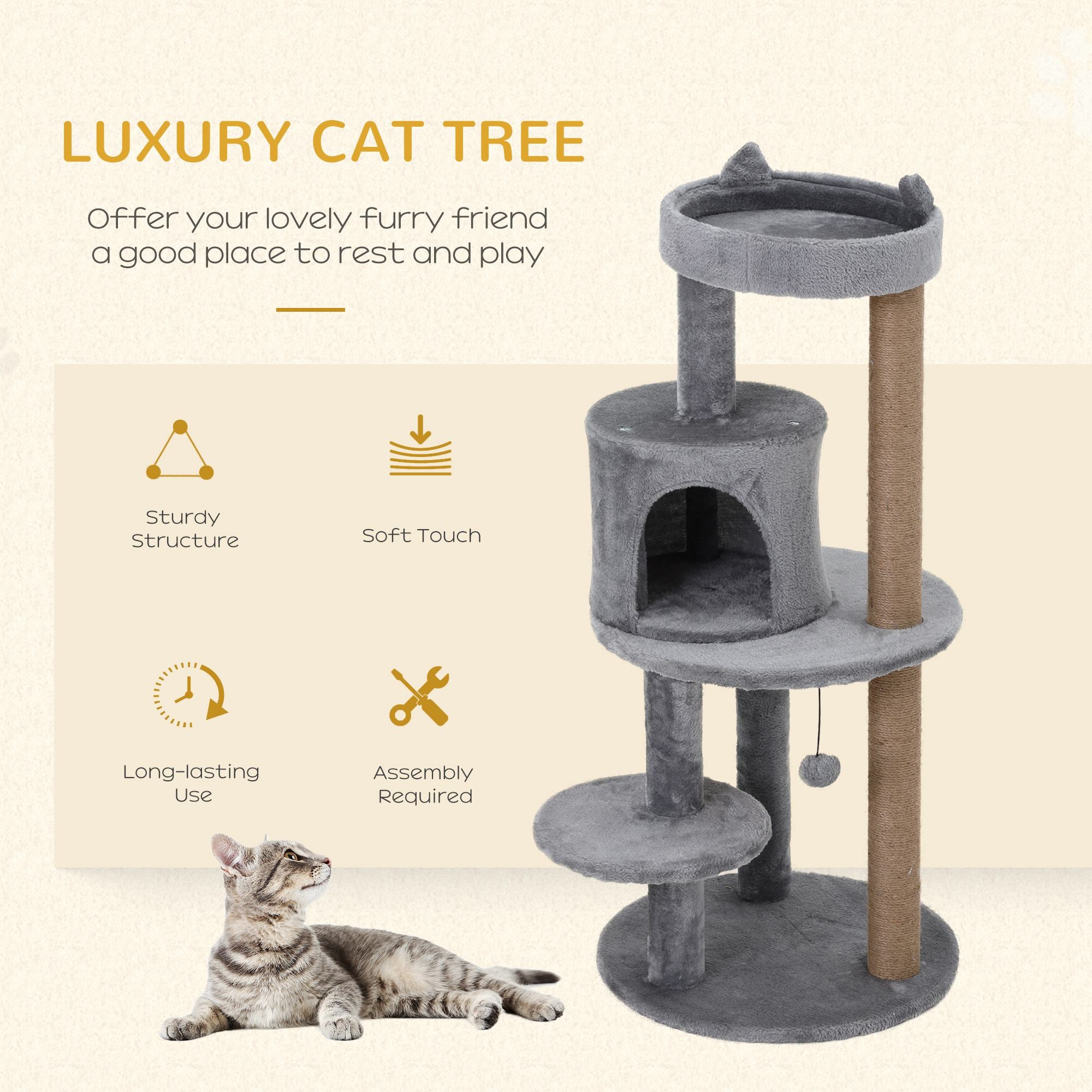 41 Inches Cat Tree, Multi-Level Cat Tower with Condo, Cute Cat Activity Center with Sisal Scratching Posts, Plush Perch, Hanging Ball, Grey