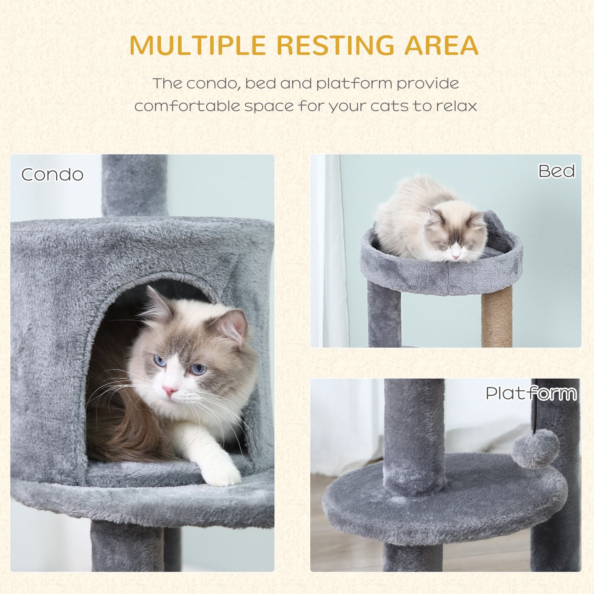 41 Inches Cat Tree, Multi-Level Cat Tower with Condo, Cute Cat Activity Center with Sisal Scratching Posts, Plush Perch, Hanging Ball, Grey