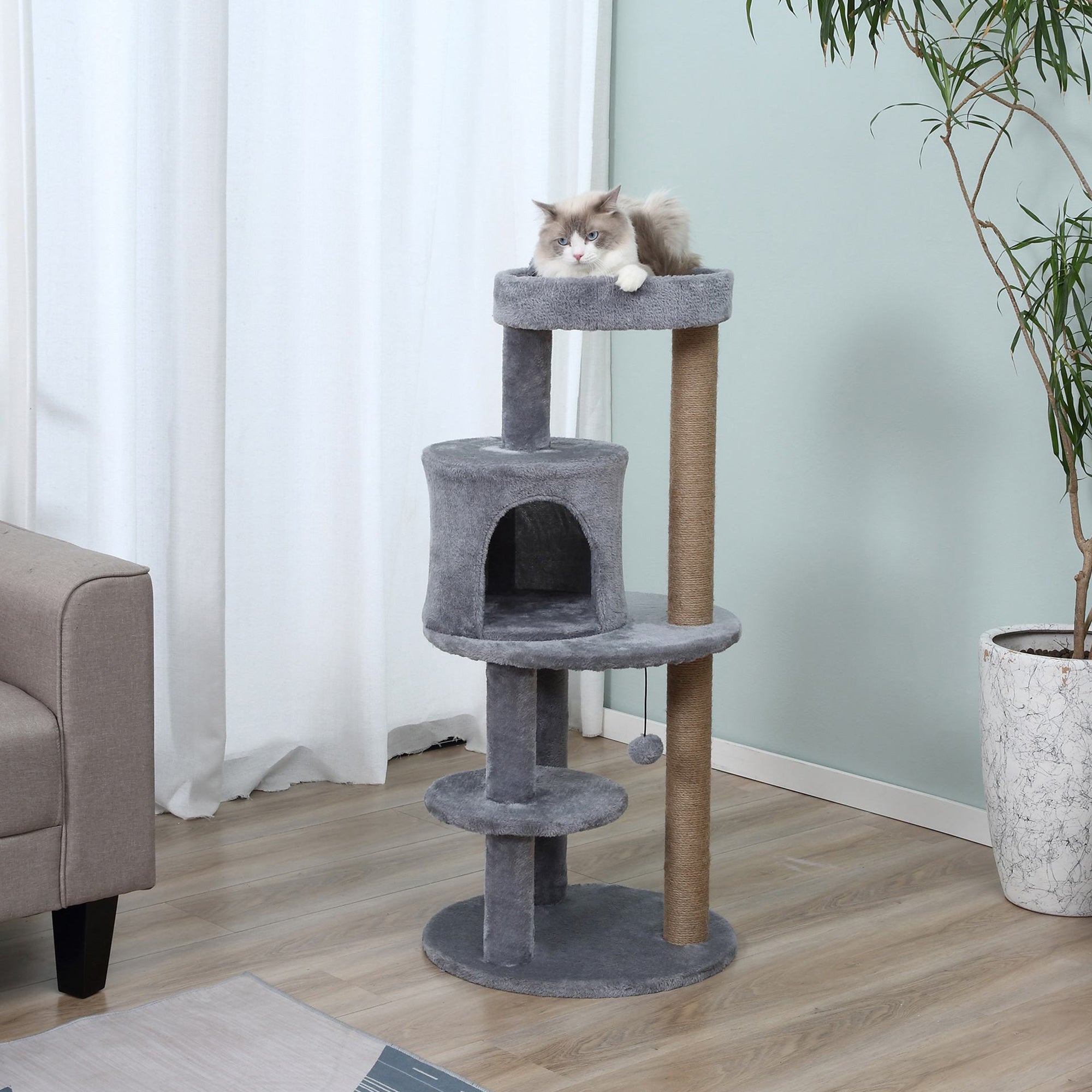 41 Inches Cat Tree, Multi-Level Cat Tower with Condo, Cute Cat Activity Center with Sisal Scratching Posts, Plush Perch, Hanging Ball, Grey