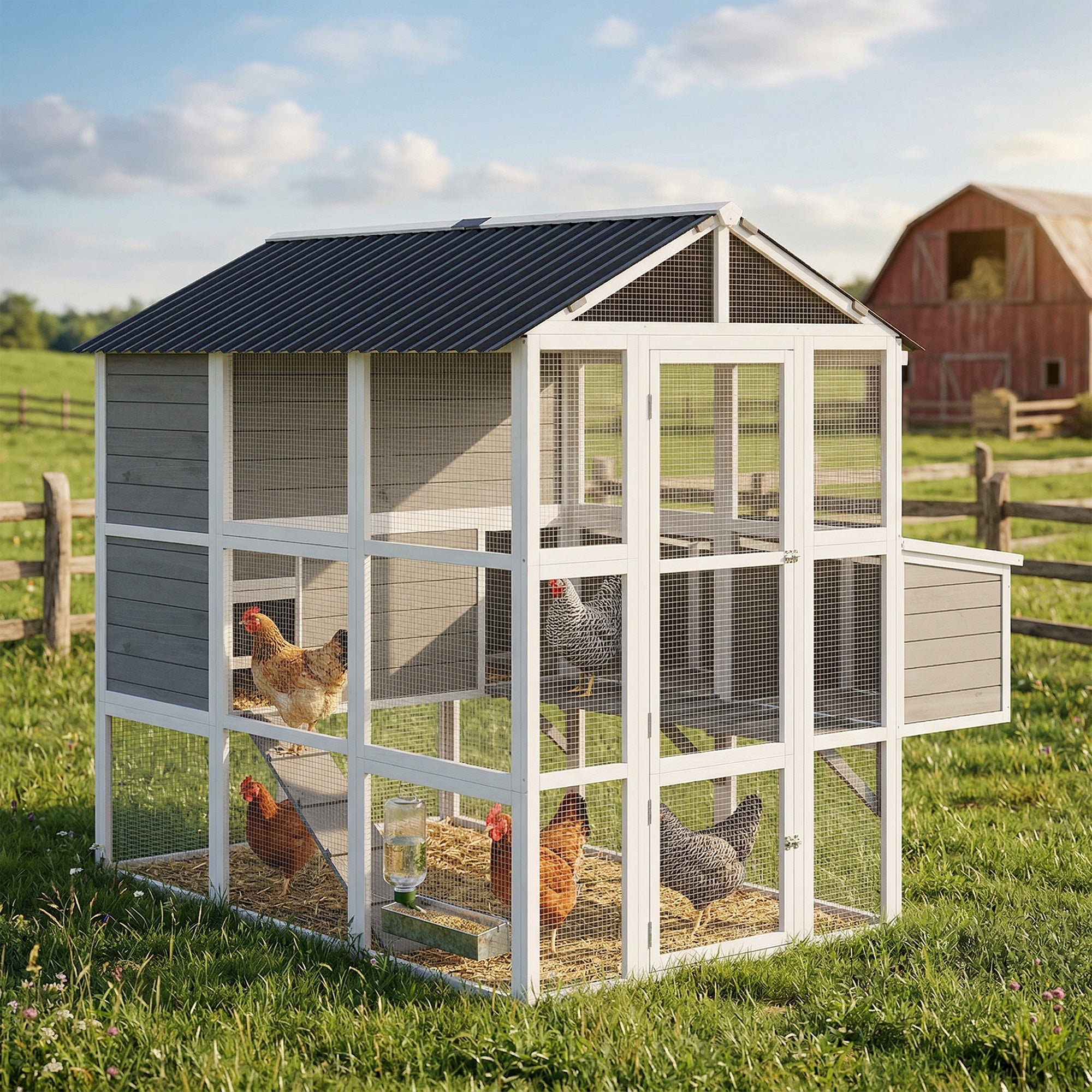 77" Large Chicken Coop for 6-8 Chickens, Outdoor Wooden Hen House Poultry Cage with Run, 3 Nesting Boxes, Waterproof Roof, Removable Tray, Ramp for Farm Backyard, Gray