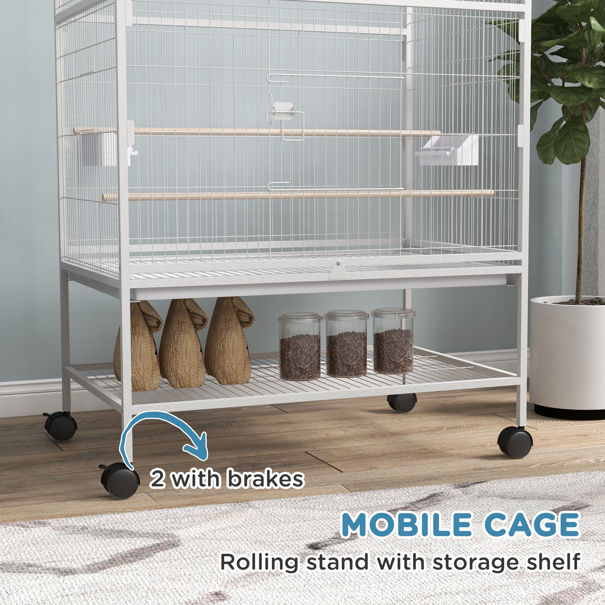 52" Large Rolling Steel Bird Cage Bird House with Rolling Stand, Storage Shelf, Wood Perch, Food Container, Grey