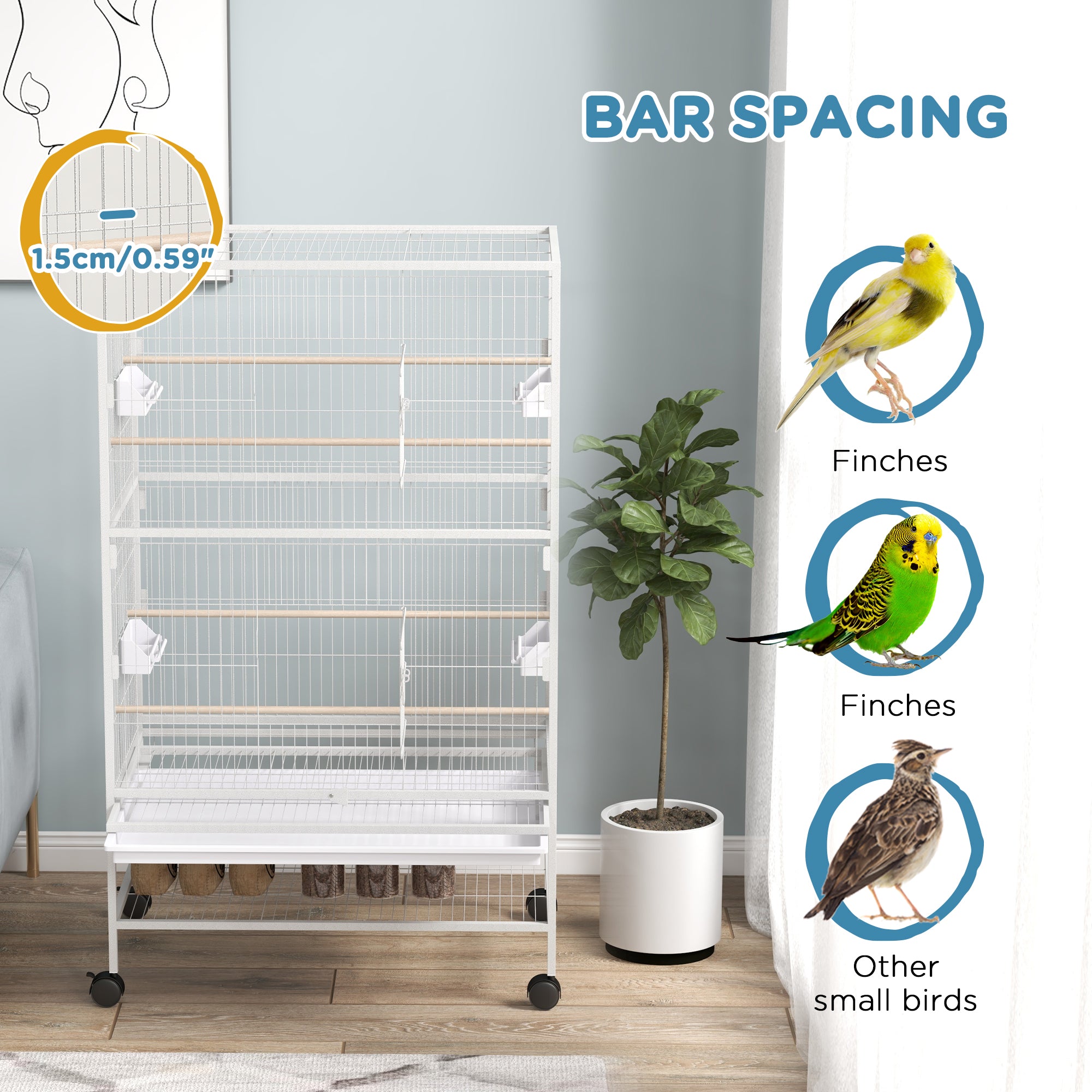 52" Large Rolling Steel Bird Cage Bird House with Rolling Stand, Storage Shelf, Wood Perch, Food Container, Grey