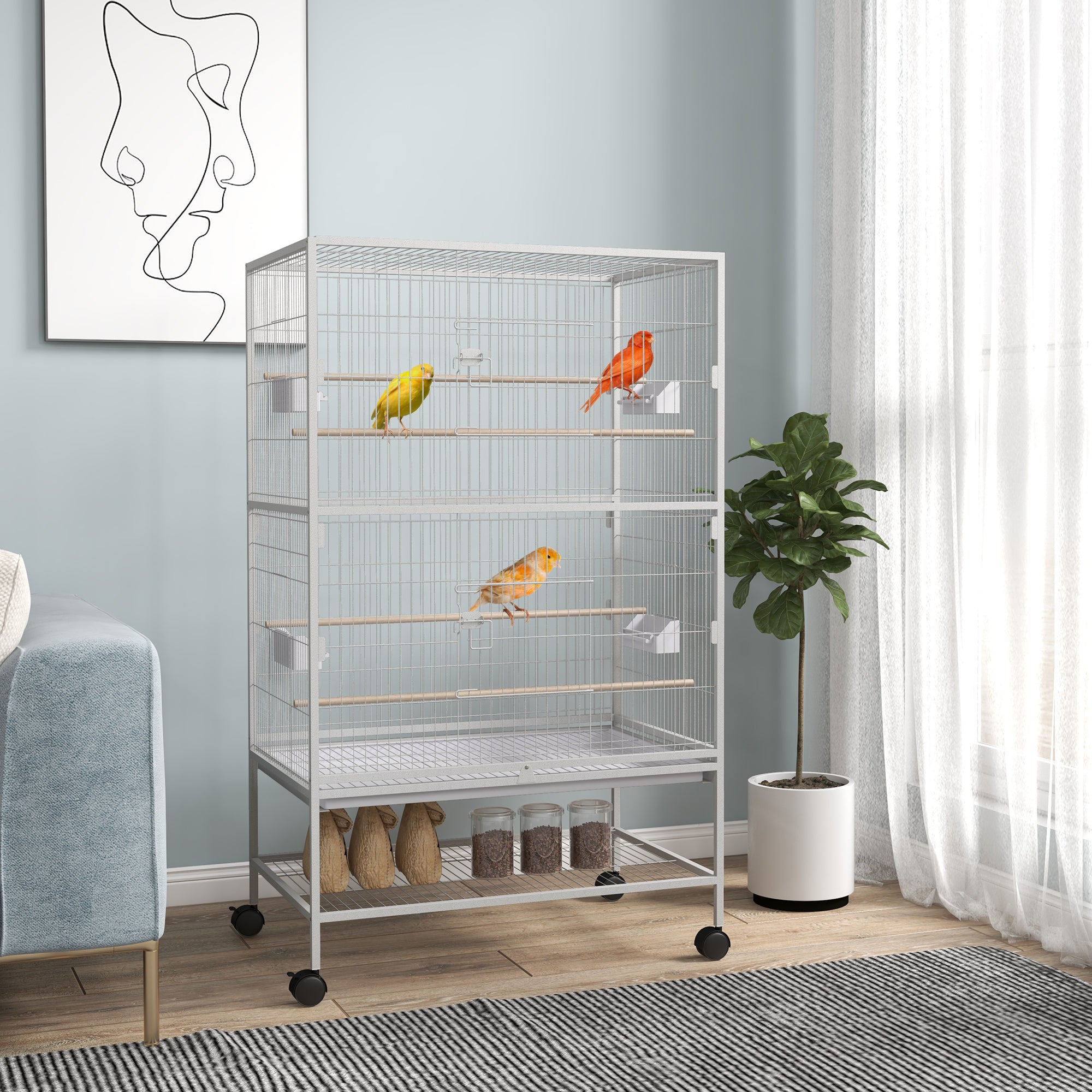 52" Large Rolling Steel Bird Cage Bird House with Rolling Stand, Storage Shelf, Wood Perch, Food Container, Grey