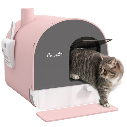 Cat Litter Box Kitten Litter Tray w/ Hood, Scoop, Filter, Flap Door, 43 x 44 x 47cm - Pink