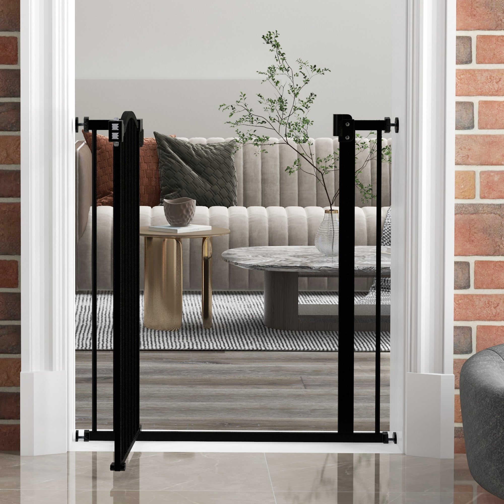 Pressure Fit Dog Stair Gate No Drilling Safety Gate Auto Close for Doorways, Hallways, 74-80cm Adjustable, 78cm Tall, Black